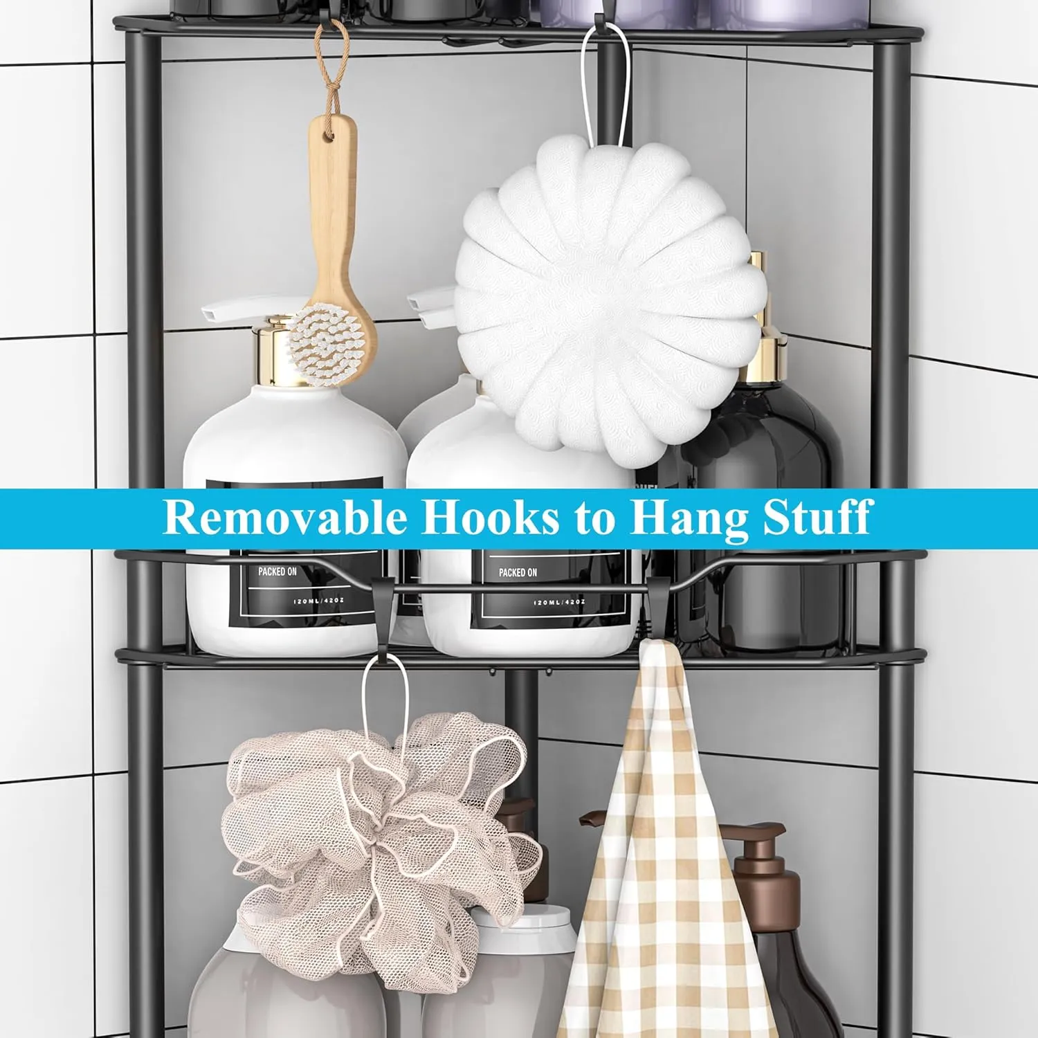 4 Tier Floor Standing Corner Shower Caddy Organizer Shelf with Hooks, Bathroom Shelves Stand Rack, Matt Black