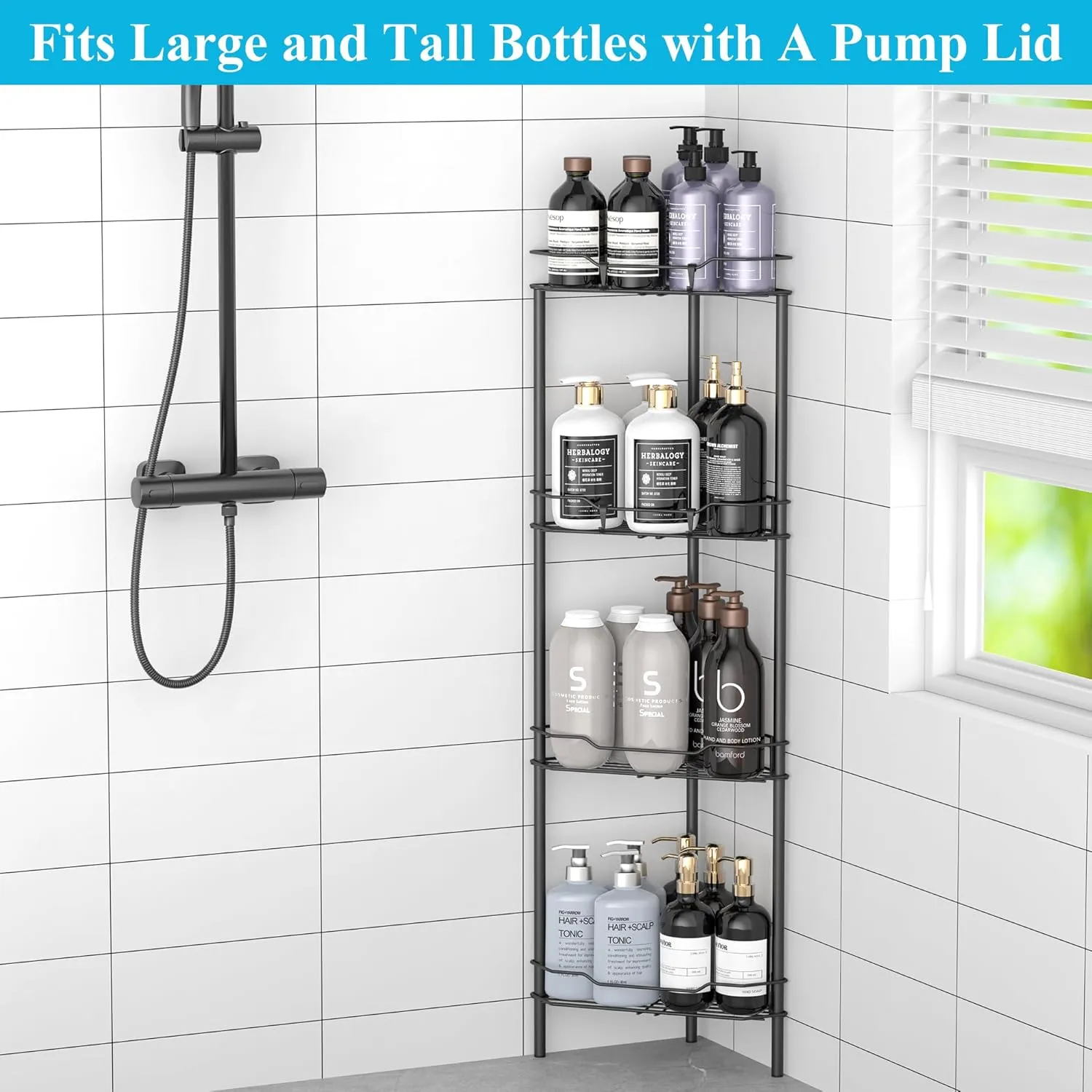4 Tier Floor Standing Corner Shower Caddy Organizer Shelf with Hooks, Bathroom Shelves Stand Rack, Matt Black