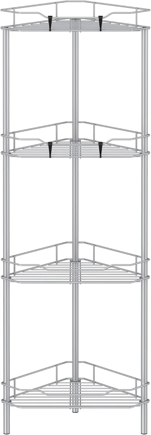 4 Tier Floor Standing Corner Shower Caddy Organizer Shelf with Hooks, Bathroom Shelves Stand Rack, Silver