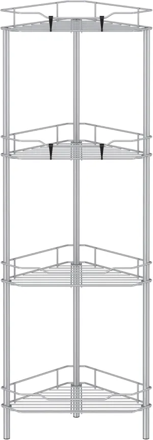 4 Tier Floor Standing Corner Shower Caddy Organizer Shelf with Hooks, Bathroom Shelves Stand Rack, Silver
