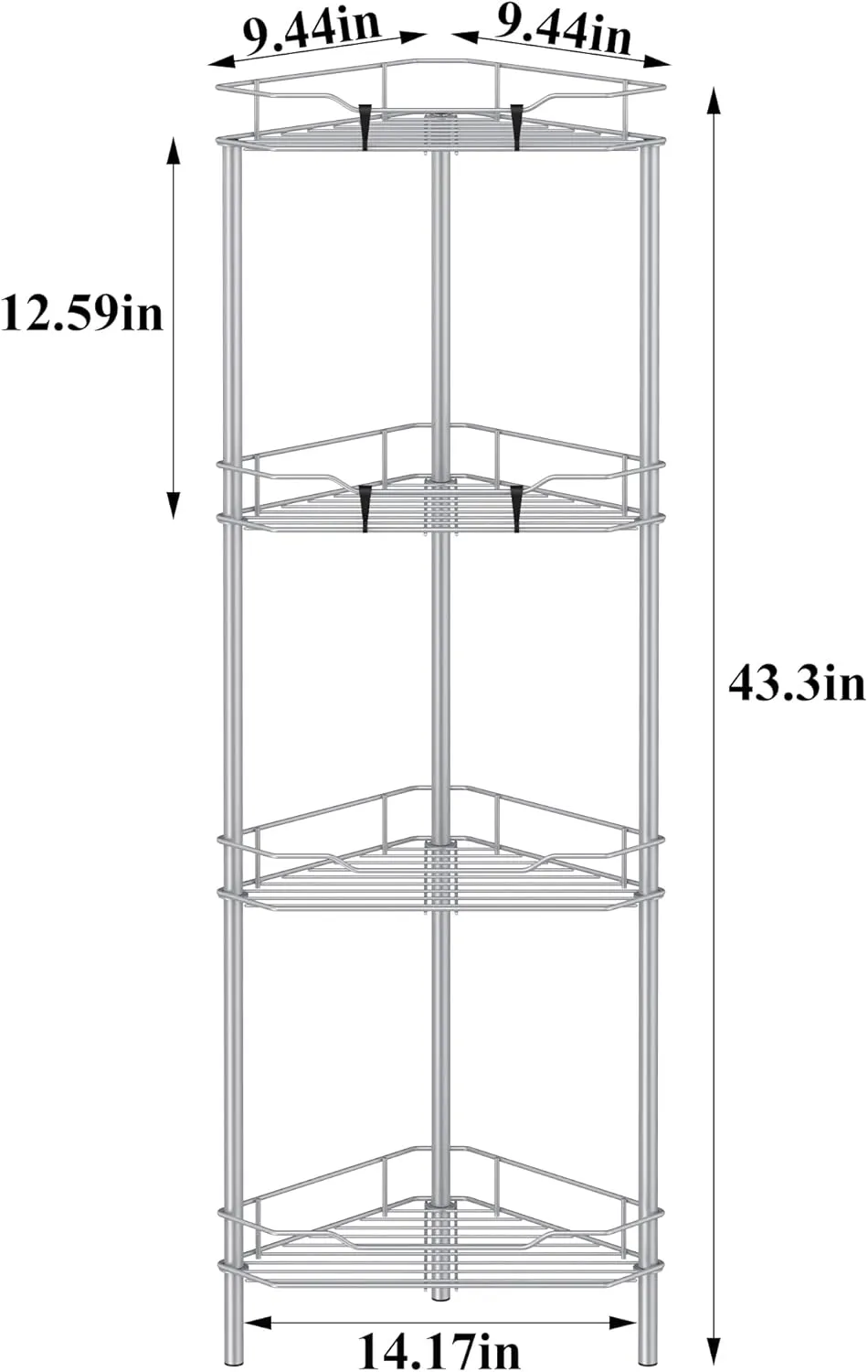 4 Tier Floor Standing Corner Shower Caddy Organizer Shelf with Hooks, Bathroom Shelves Stand Rack, Silver