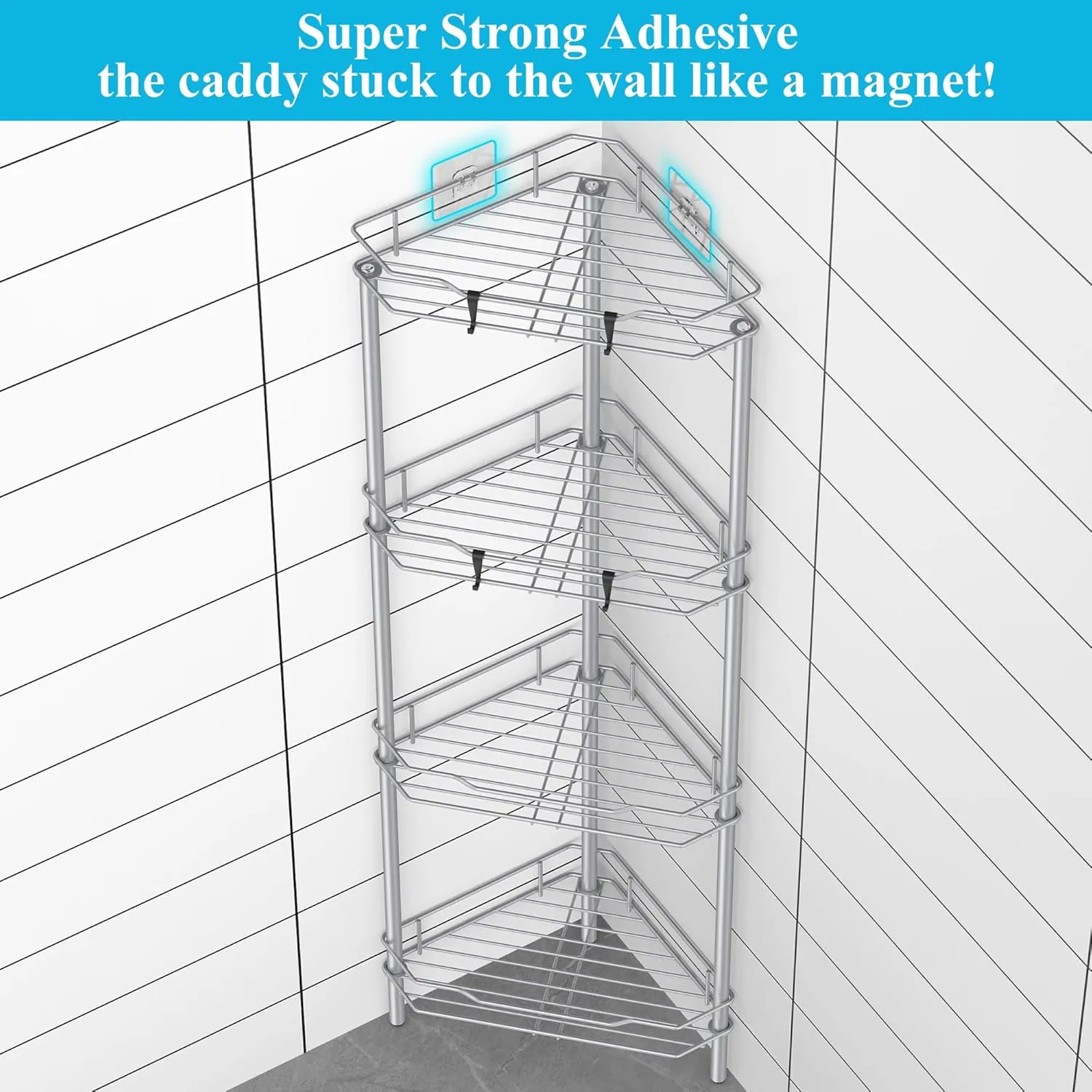 4 Tier Floor Standing Corner Shower Caddy Organizer Shelf with Hooks, Bathroom Shelves Stand Rack, Silver