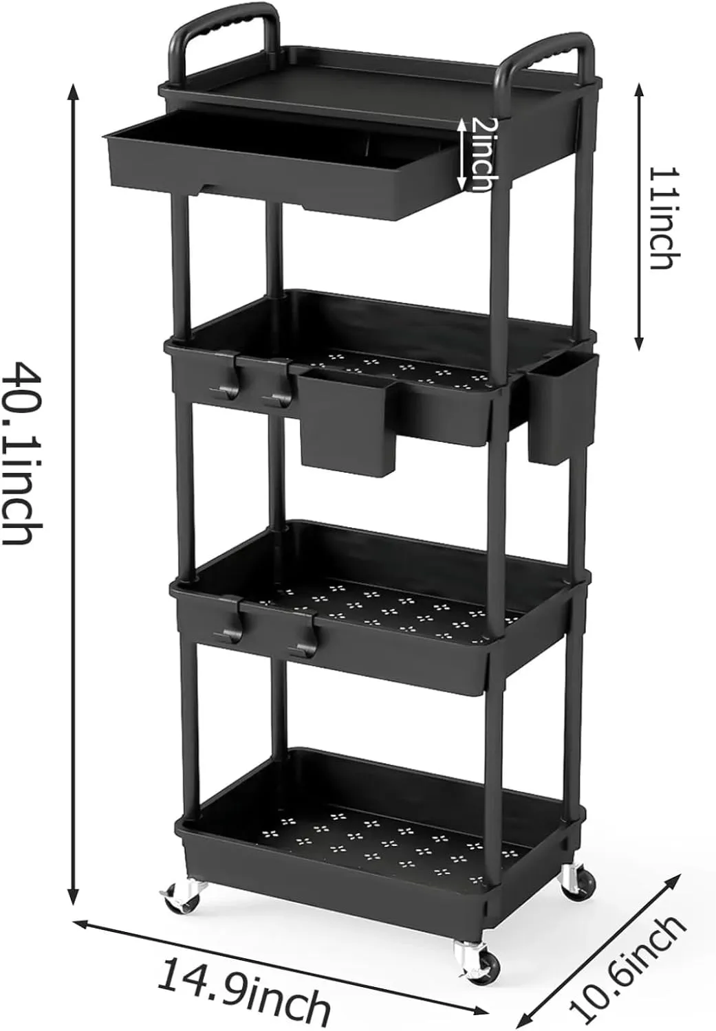 4 Tier Rolling Utility Cart with Drawer, Plastic Storage Organizer Rolling Carts with Wheels Handles Hanging Cups Hooks for Office, Bathroom, Kitchen,Craft Art Room (Black)