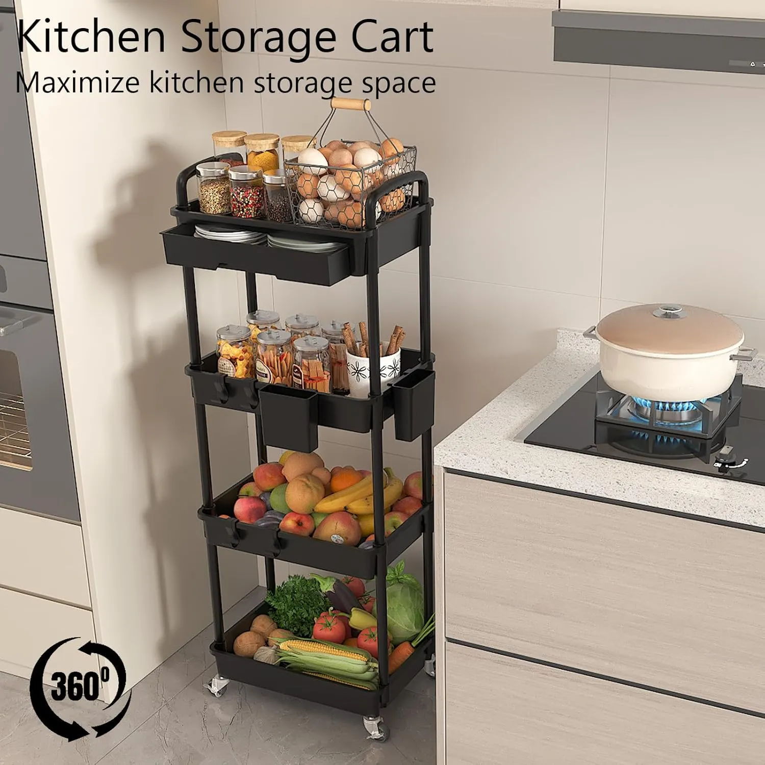 4 Tier Rolling Utility Cart with Drawer, Plastic Storage Organizer Rolling Carts with Wheels Handles Hanging Cups Hooks for Office, Bathroom, Kitchen,Craft Art Room (Black)