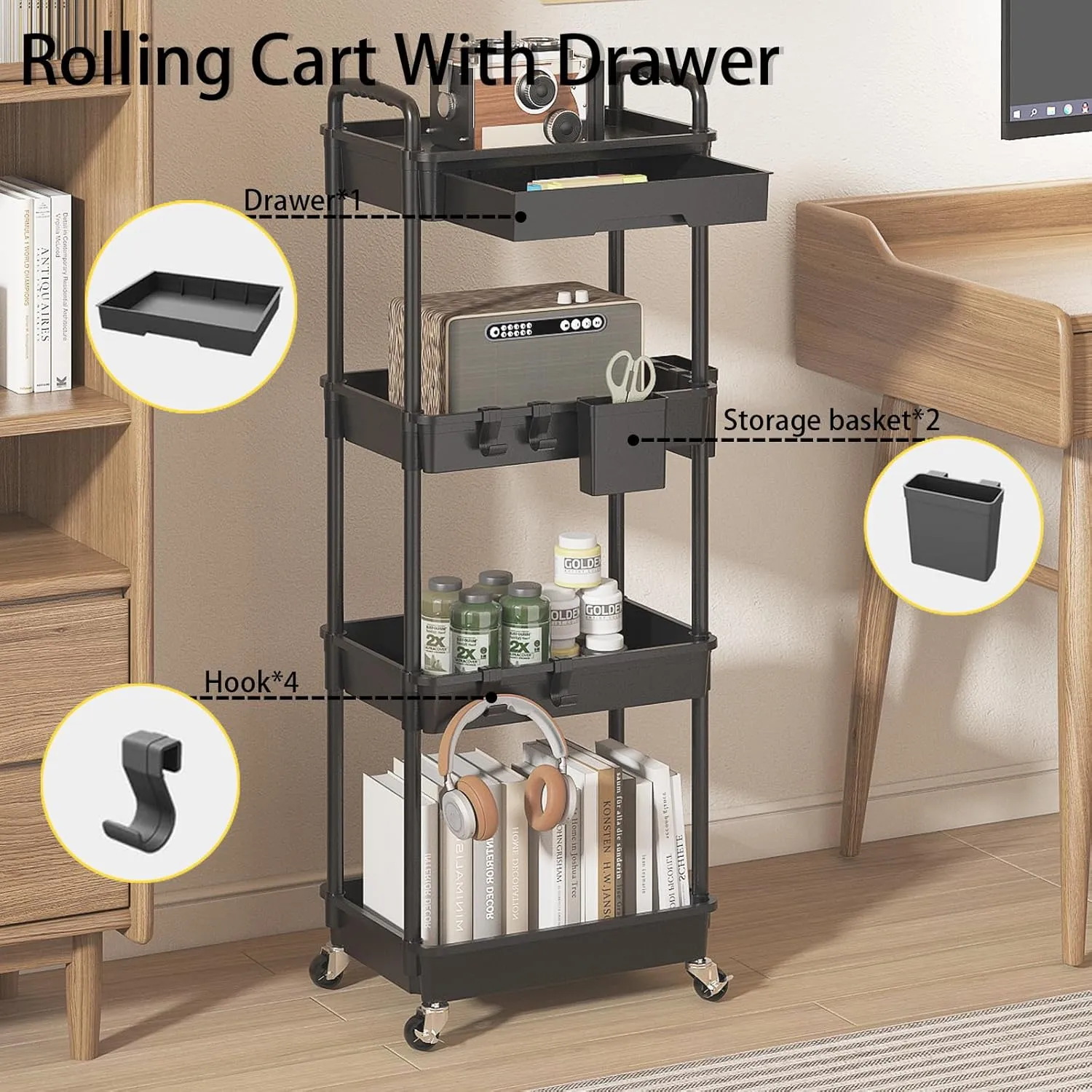 4 Tier Rolling Utility Cart with Drawer, Plastic Storage Organizer Rolling Carts with Wheels Handles Hanging Cups Hooks for Office, Bathroom, Kitchen,Craft Art Room (Black)