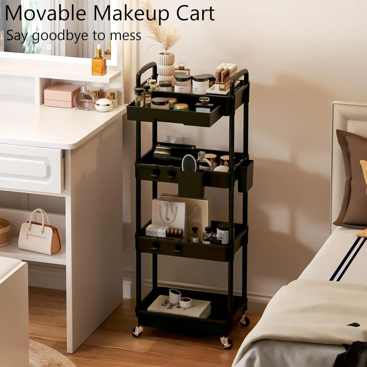 4 Tier Rolling Utility Cart with Drawer, Plastic Storage Organizer Rolling Carts with Wheels Handles Hanging Cups Hooks for Office, Bathroom, Kitchen,Craft Art Room (Black)