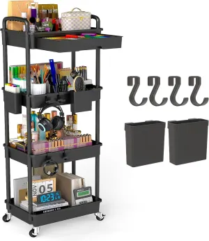 4 Tier Rolling Utility Cart with Drawer, Plastic Storage Organizer Rolling Carts with Wheels Handles Hanging Cups Hooks for Office, Bathroom, Kitchen,Craft Art Room (Black)