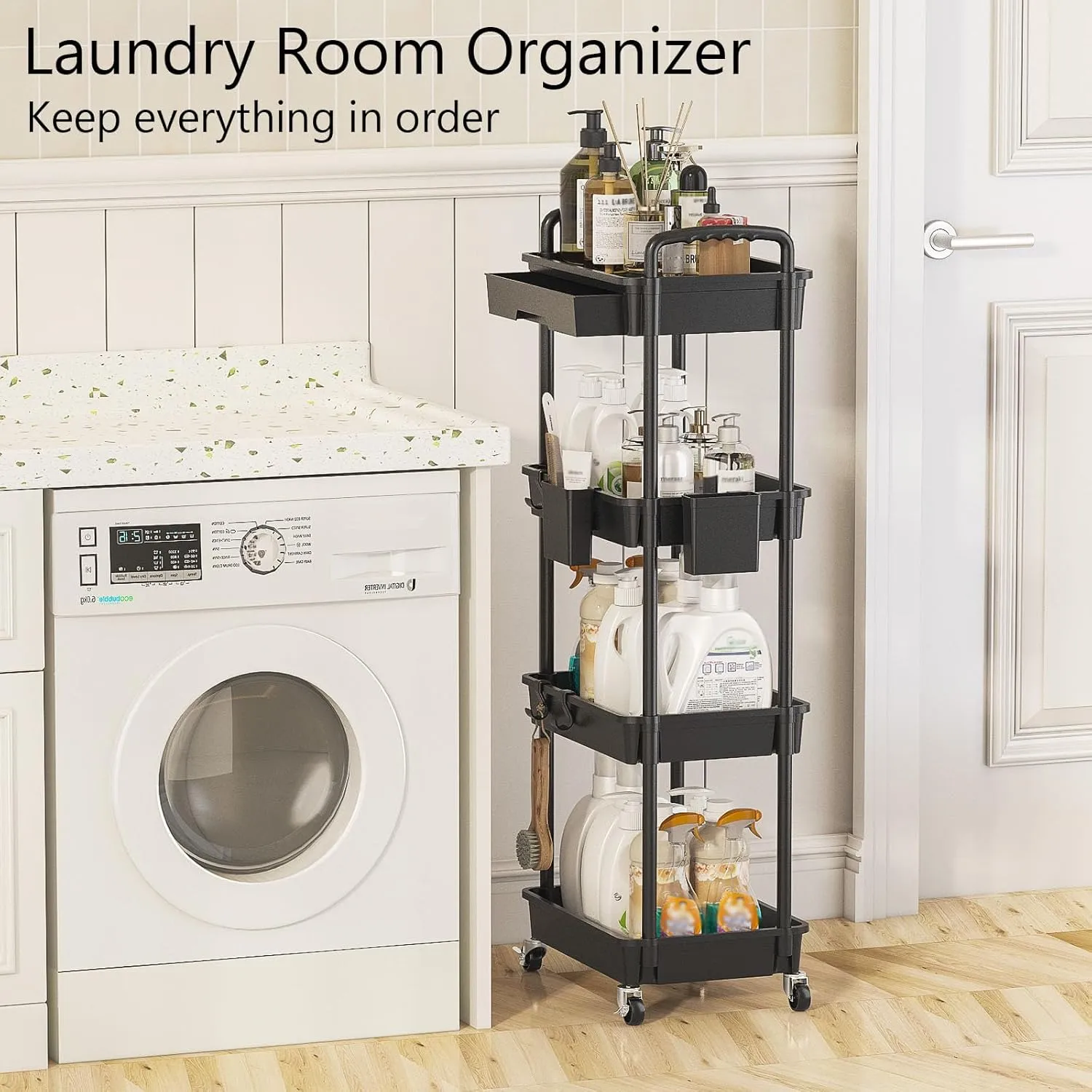 4 Tier Rolling Utility Cart with Drawer, Plastic Storage Organizer Rolling Carts with Wheels Handles Hanging Cups Hooks for Office, Bathroom, Kitchen,Craft Art Room (Black)
