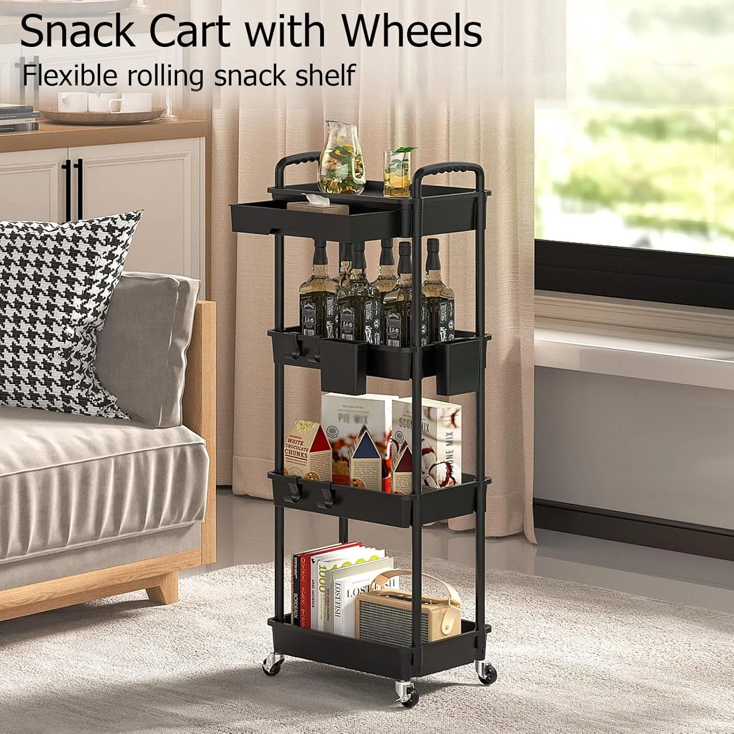 4 Tier Rolling Utility Cart with Drawer, Plastic Storage Organizer Rolling Carts with Wheels Handles Hanging Cups Hooks for Office, Bathroom, Kitchen,Craft Art Room (Black)