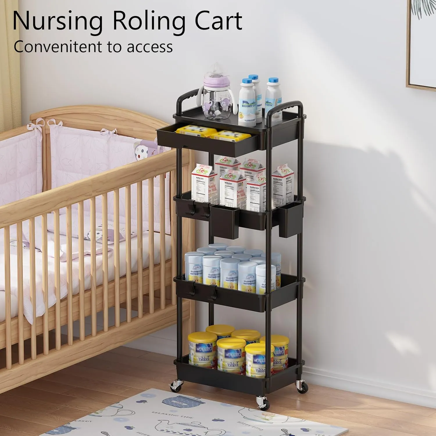 4 Tier Rolling Utility Cart with Drawer, Plastic Storage Organizer Rolling Carts with Wheels Handles Hanging Cups Hooks for Office, Bathroom, Kitchen,Craft Art Room (Black)