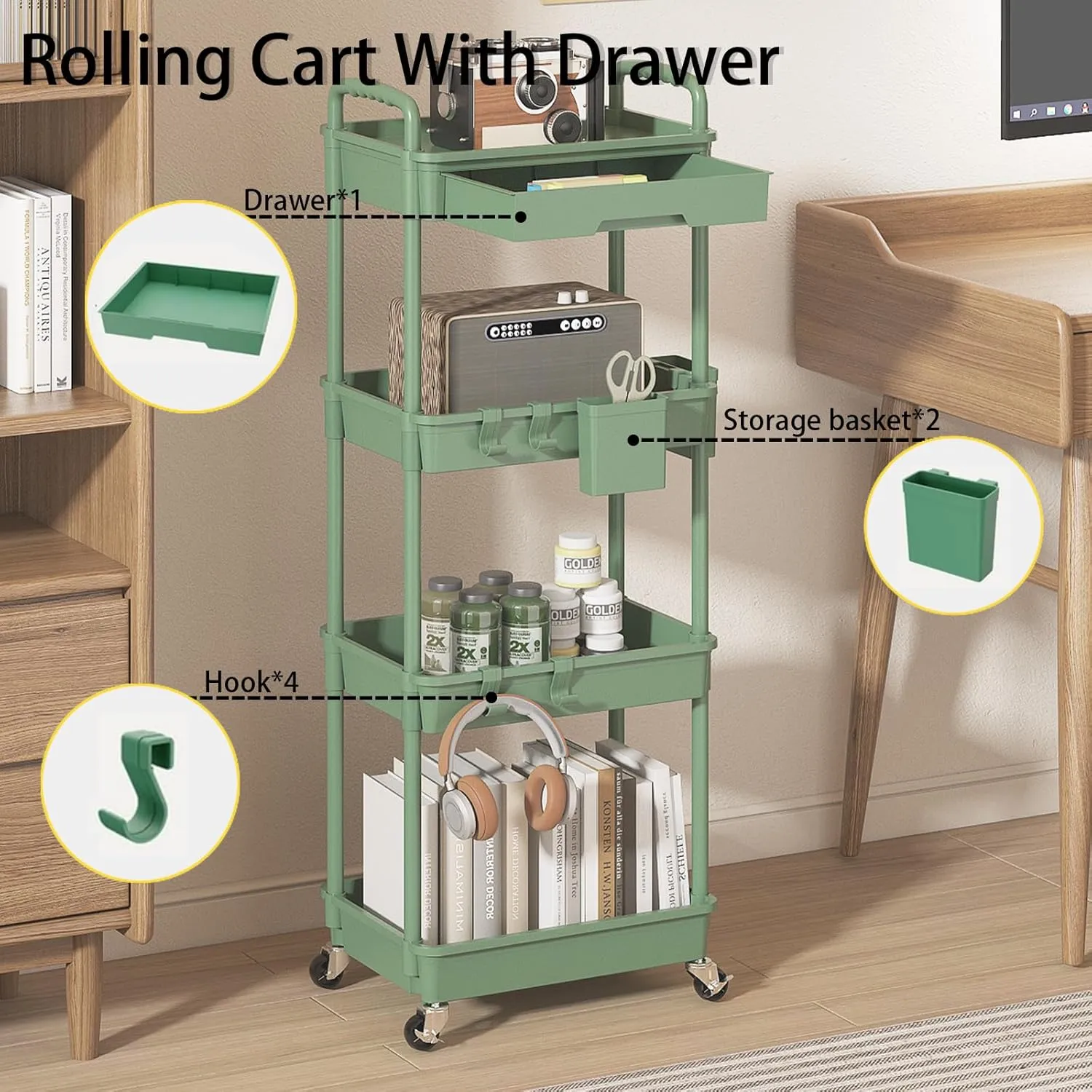 4 Tier Rolling Utility Cart with Drawer, Plastic Storage Organizer Rolling Carts with Wheels Handles Hanging Cups Hooks for Office, Bathroom, Kitchen,Craft Art Room (Green)
