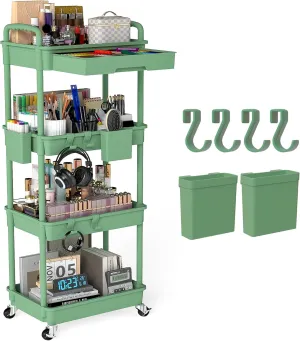 4 Tier Rolling Utility Cart with Drawer, Plastic Storage Organizer Rolling Carts with Wheels Handles Hanging Cups Hooks for Office, Bathroom, Kitchen,Craft Art Room (Green)