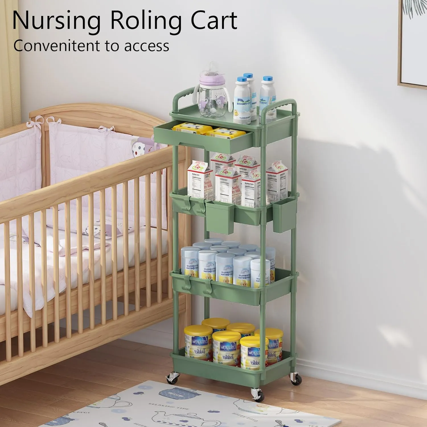 4 Tier Rolling Utility Cart with Drawer, Plastic Storage Organizer Rolling Carts with Wheels Handles Hanging Cups Hooks for Office, Bathroom, Kitchen,Craft Art Room (Green)