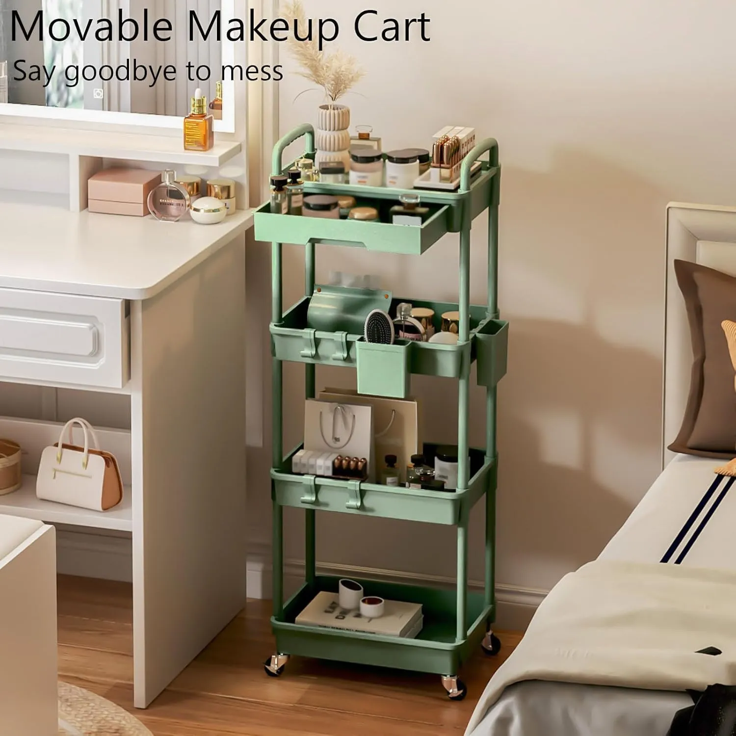 4 Tier Rolling Utility Cart with Drawer, Plastic Storage Organizer Rolling Carts with Wheels Handles Hanging Cups Hooks for Office, Bathroom, Kitchen,Craft Art Room (Green)