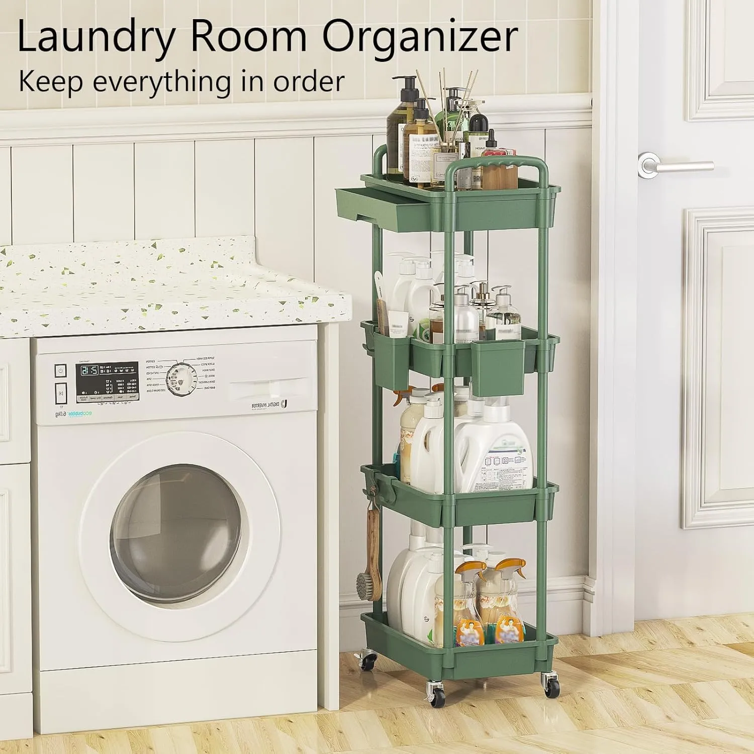 4 Tier Rolling Utility Cart with Drawer, Plastic Storage Organizer Rolling Carts with Wheels Handles Hanging Cups Hooks for Office, Bathroom, Kitchen,Craft Art Room (Green)