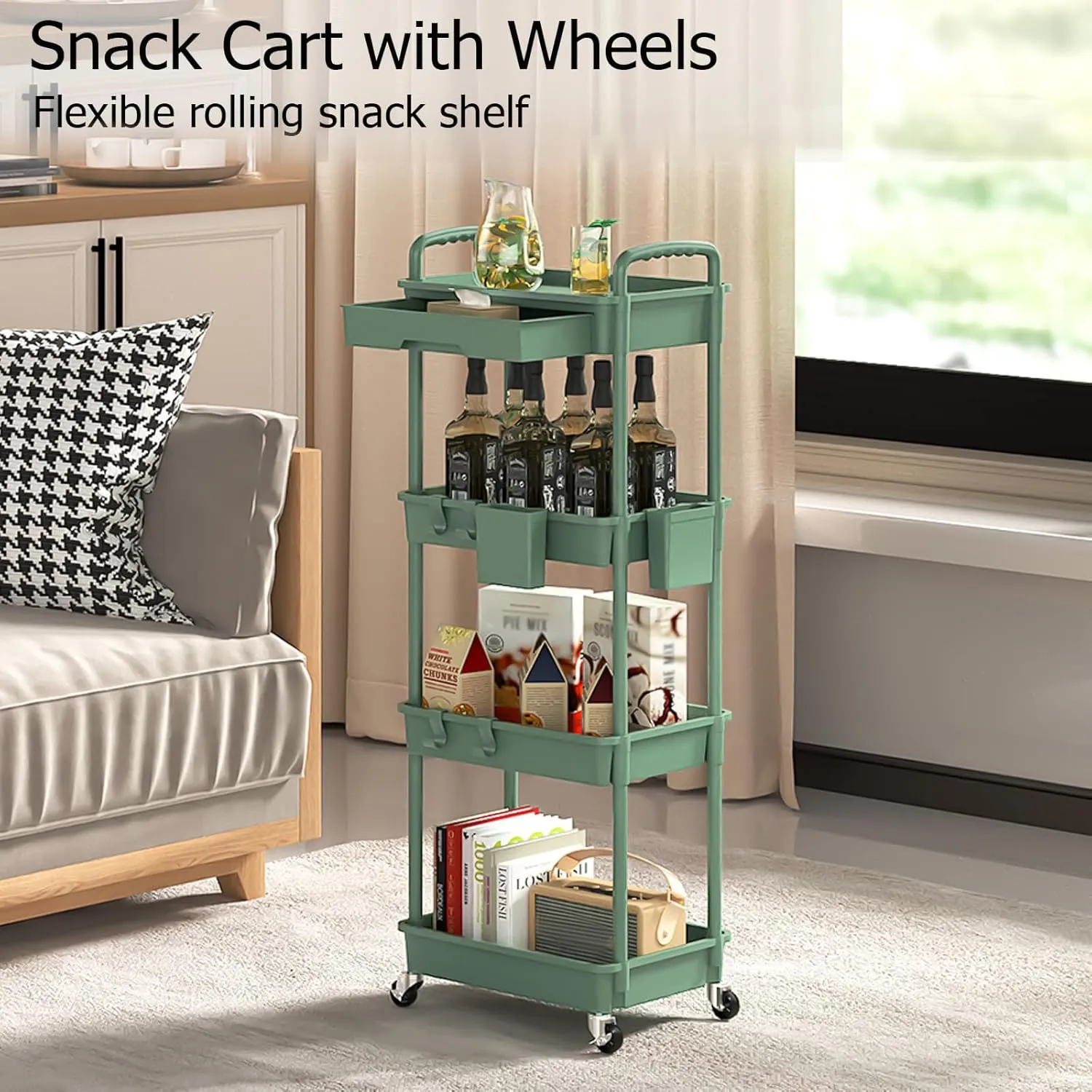 4 Tier Rolling Utility Cart with Drawer, Plastic Storage Organizer Rolling Carts with Wheels Handles Hanging Cups Hooks for Office, Bathroom, Kitchen,Craft Art Room (Green)