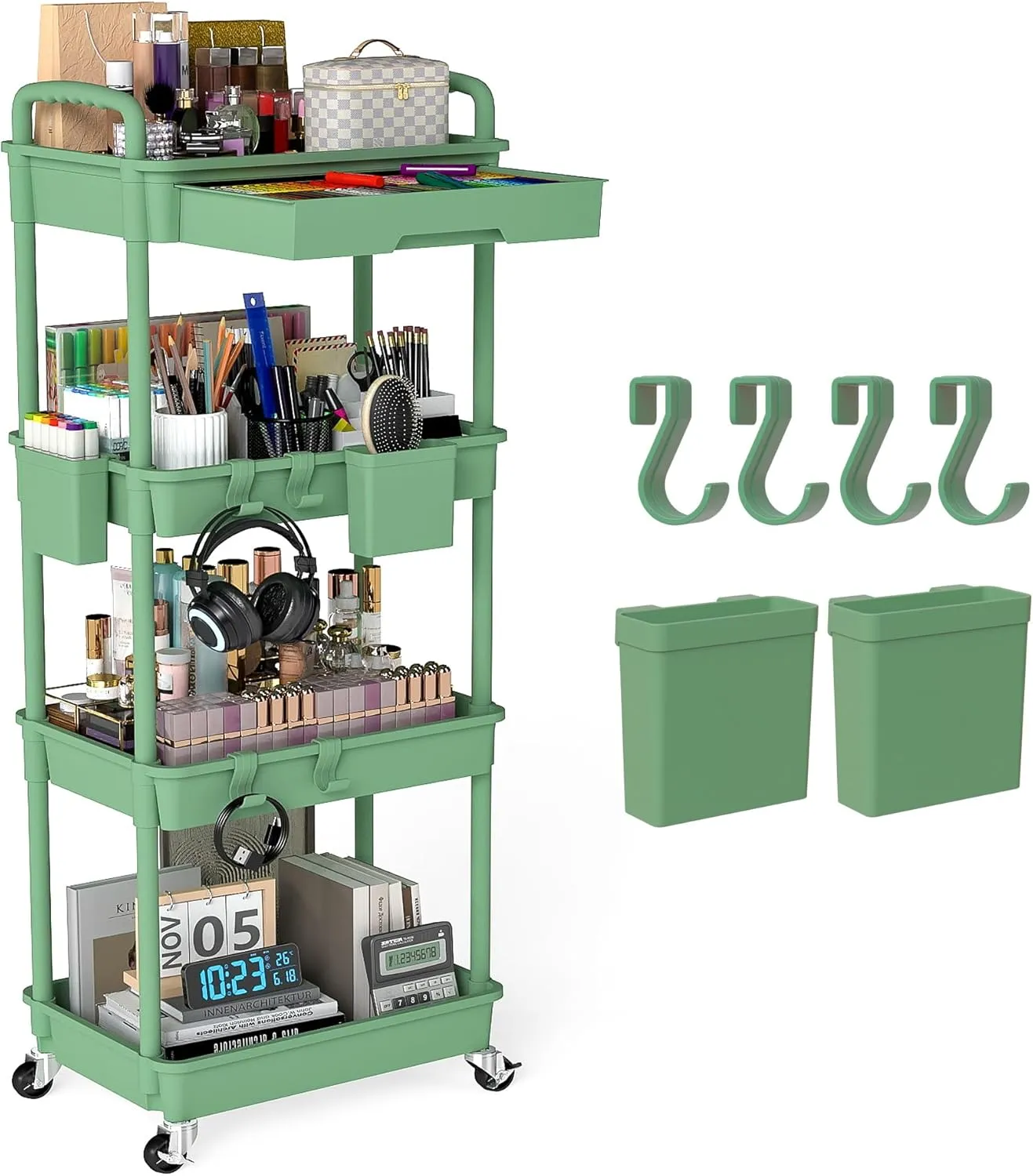 4 Tier Rolling Utility Cart with Drawer, Plastic Storage Organizer Rolling Carts with Wheels Handles Hanging Cups Hooks for Office, Bathroom, Kitchen,Craft Art Room (Green)