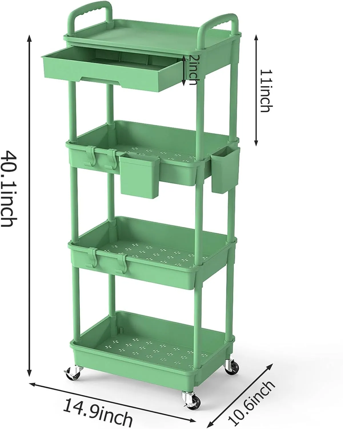 4 Tier Rolling Utility Cart with Drawer, Plastic Storage Organizer Rolling Carts with Wheels Handles Hanging Cups Hooks for Office, Bathroom, Kitchen,Craft Art Room (Green)