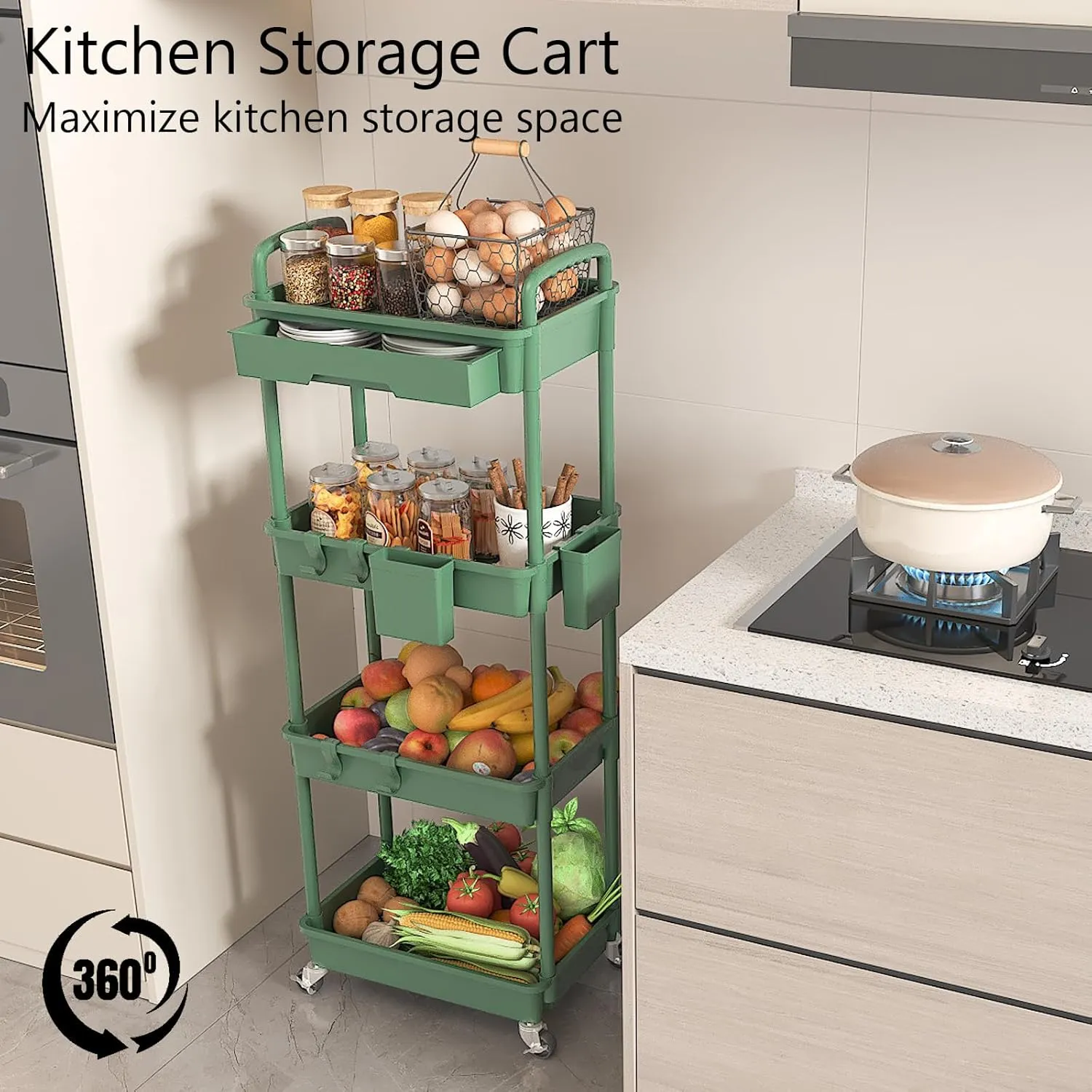 4 Tier Rolling Utility Cart with Drawer, Plastic Storage Organizer Rolling Carts with Wheels Handles Hanging Cups Hooks for Office, Bathroom, Kitchen,Craft Art Room (Green)