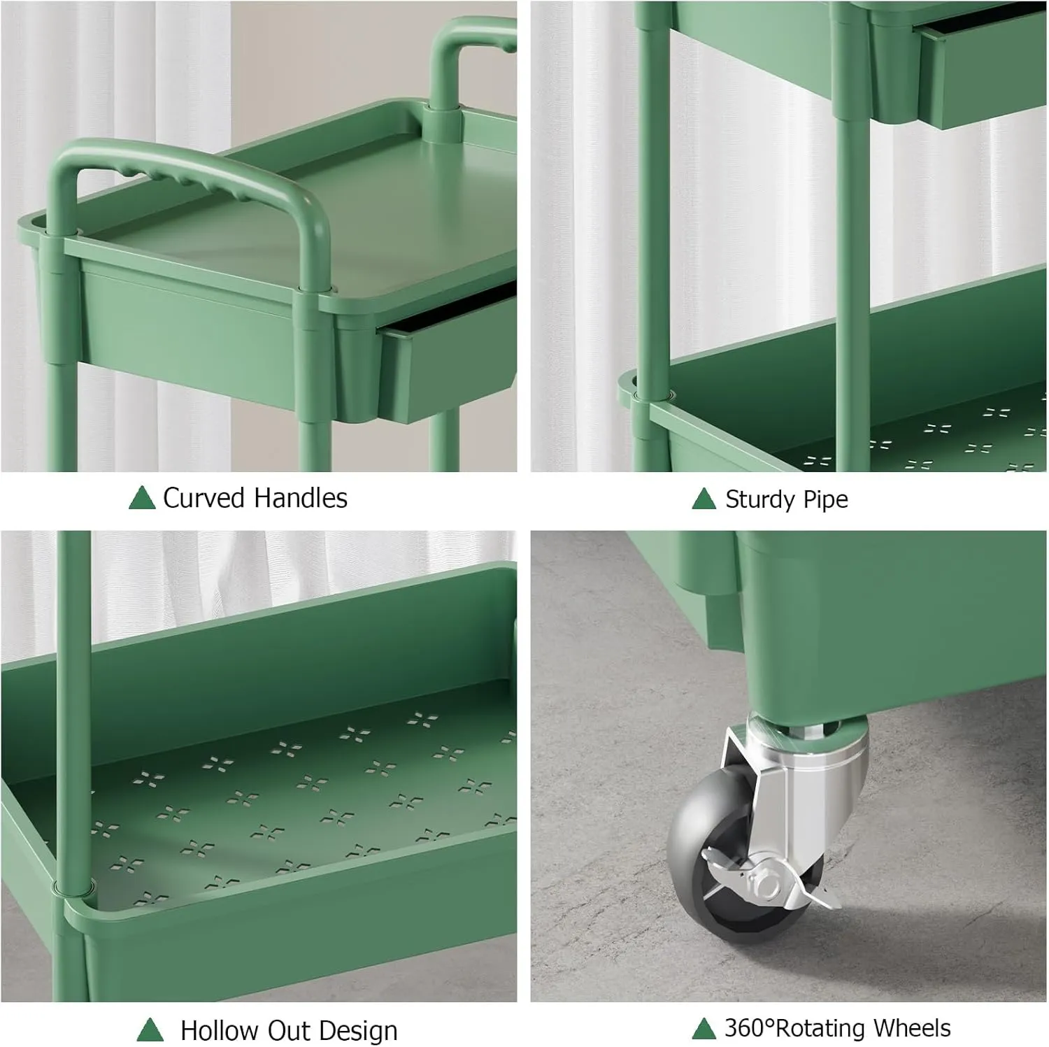 4 Tier Rolling Utility Cart with Drawer, Plastic Storage Organizer Rolling Carts with Wheels Handles Hanging Cups Hooks for Office, Bathroom, Kitchen,Craft Art Room (Green)