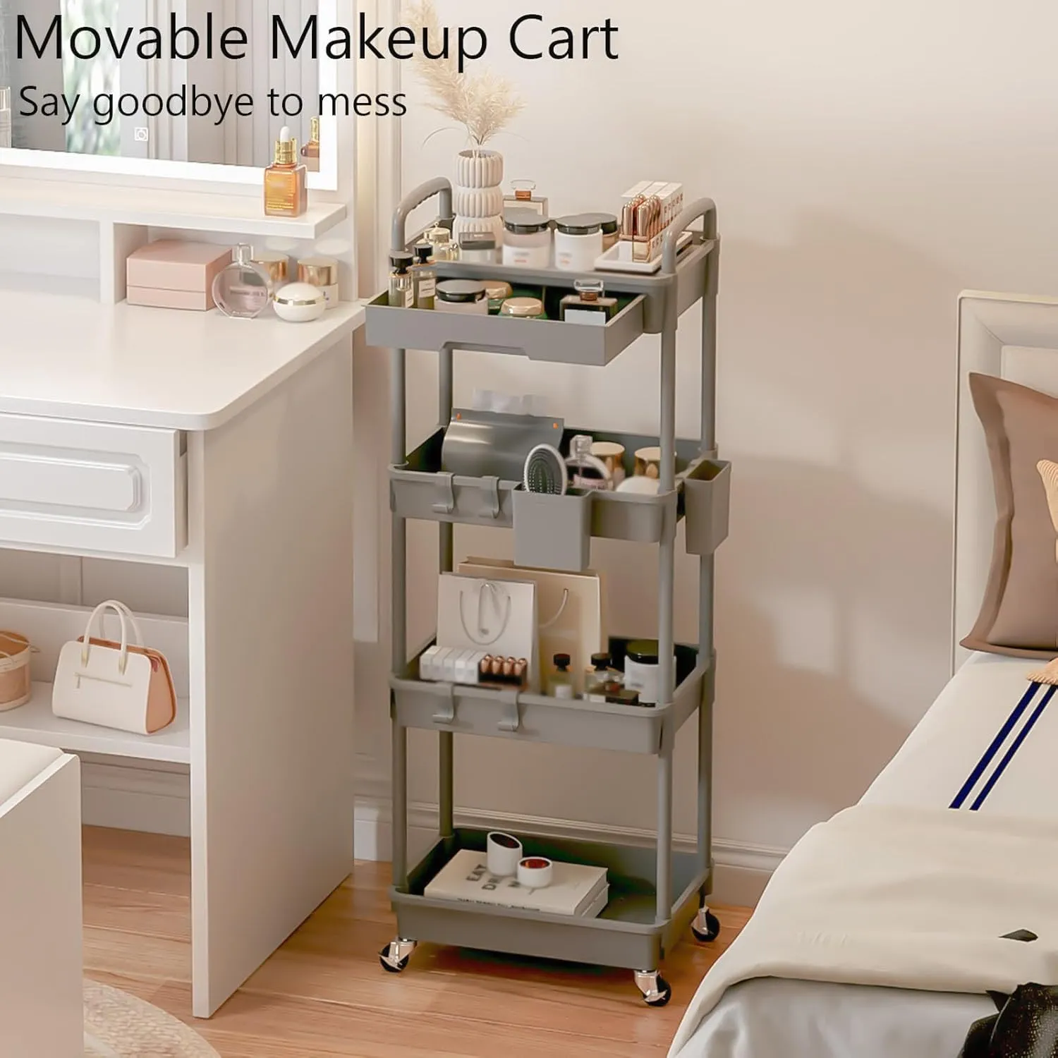 4 Tier Rolling Utility Cart with Drawer, Plastic Storage Organizer Rolling Carts with Wheels Handles Hanging Cups Hooks for Office, Bathroom, Kitchen,Craft Art Room (Grey)