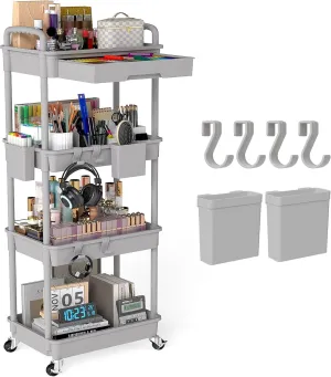 4 Tier Rolling Utility Cart with Drawer, Plastic Storage Organizer Rolling Carts with Wheels Handles Hanging Cups Hooks for Office, Bathroom, Kitchen,Craft Art Room (Grey)