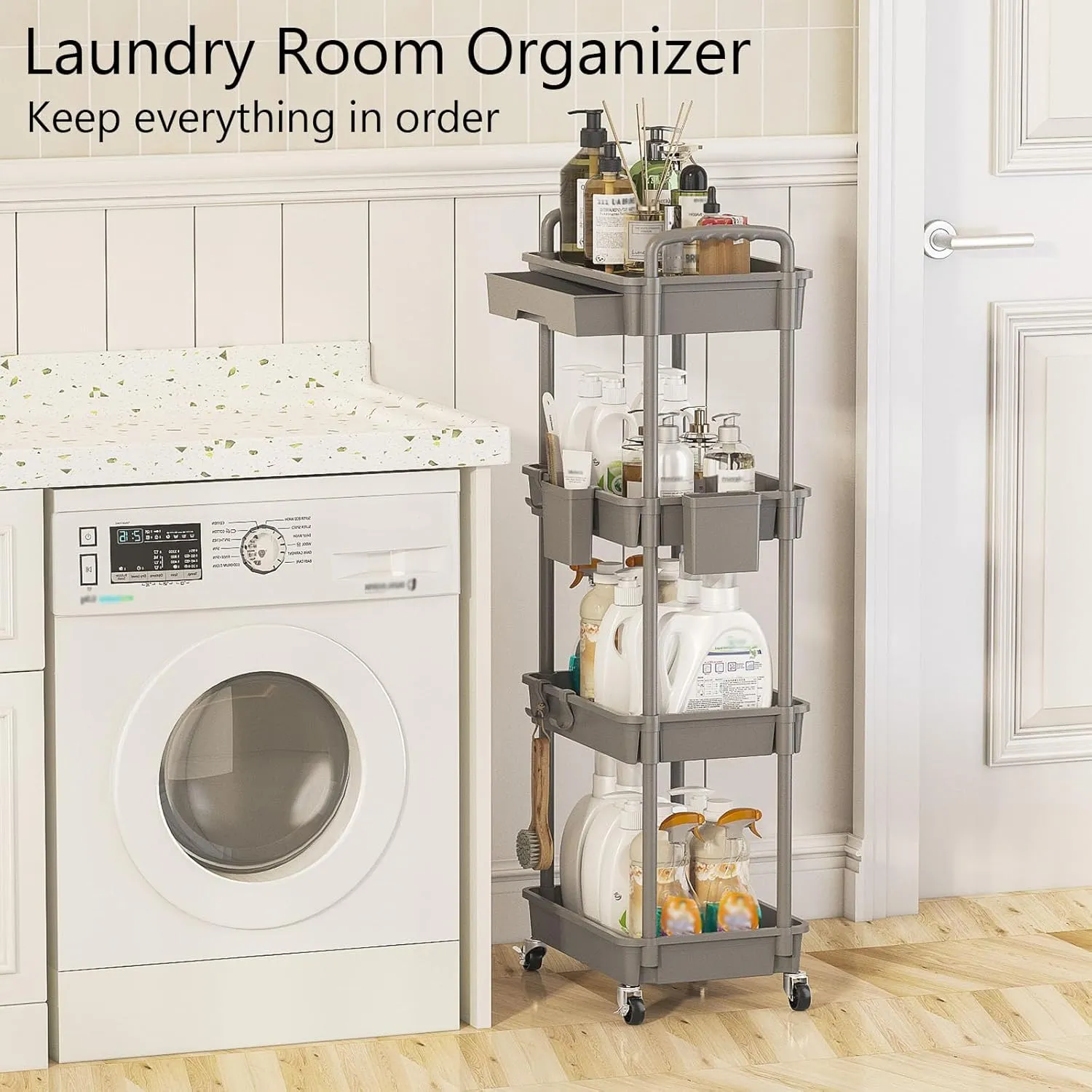 4 Tier Rolling Utility Cart with Drawer, Plastic Storage Organizer Rolling Carts with Wheels Handles Hanging Cups Hooks for Office, Bathroom, Kitchen,Craft Art Room (Grey)
