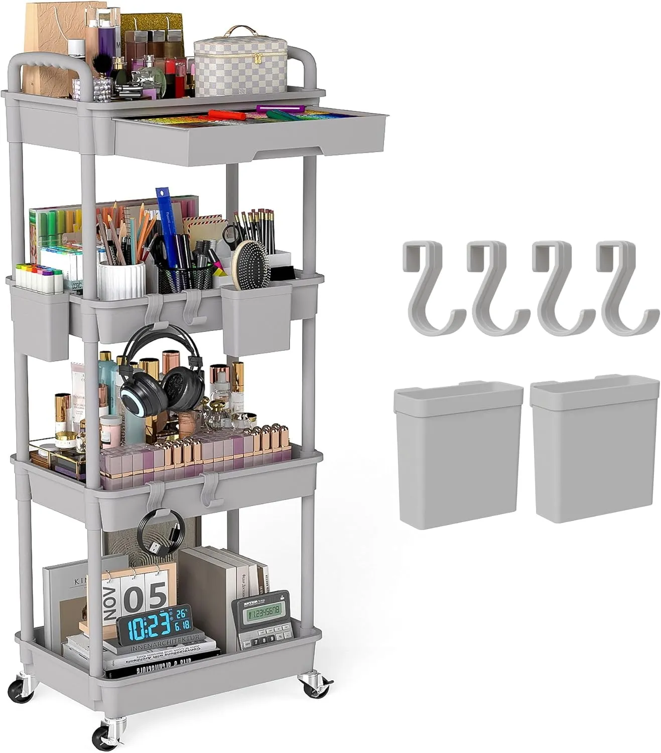 4 Tier Rolling Utility Cart with Drawer, Plastic Storage Organizer Rolling Carts with Wheels Handles Hanging Cups Hooks for Office, Bathroom, Kitchen,Craft Art Room (Grey)