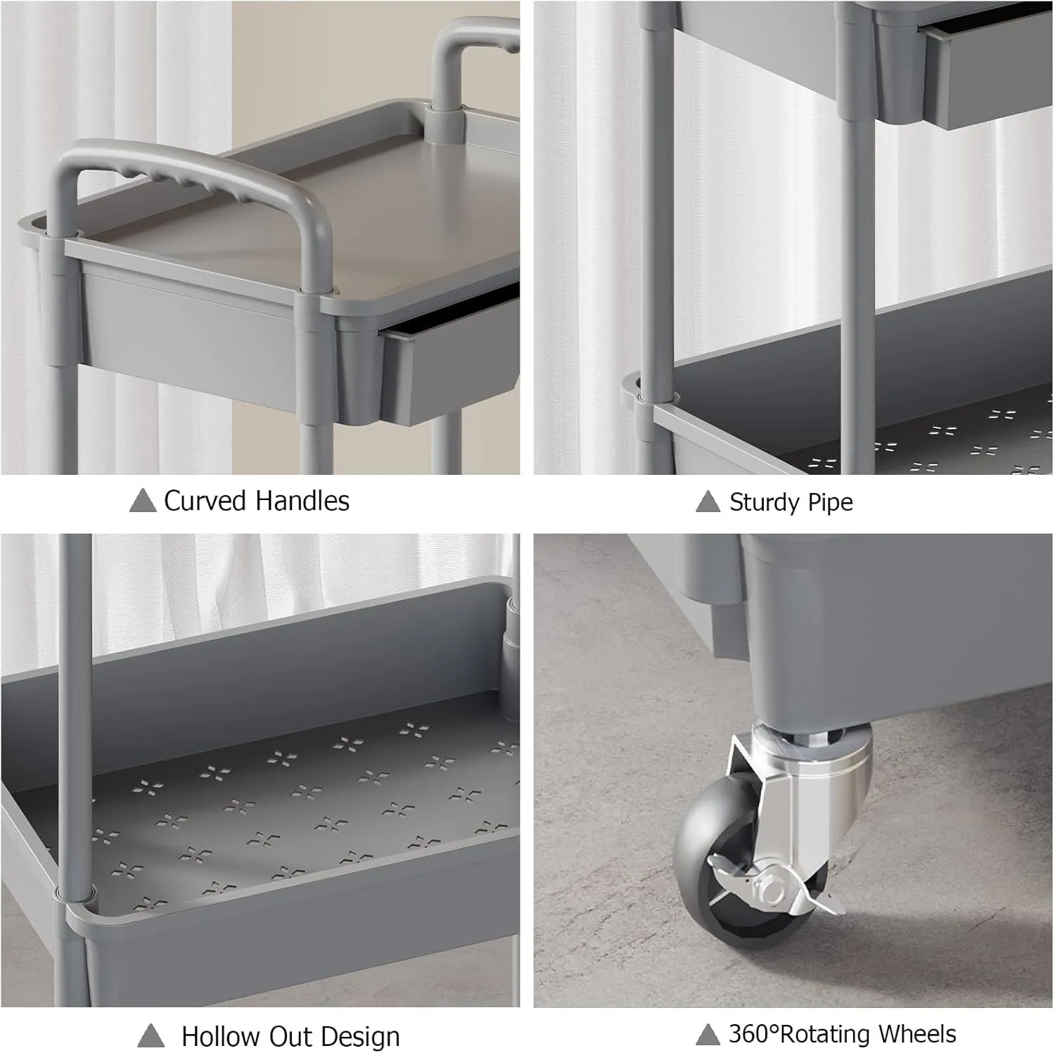 4 Tier Rolling Utility Cart with Drawer, Plastic Storage Organizer Rolling Carts with Wheels Handles Hanging Cups Hooks for Office, Bathroom, Kitchen,Craft Art Room (Grey)