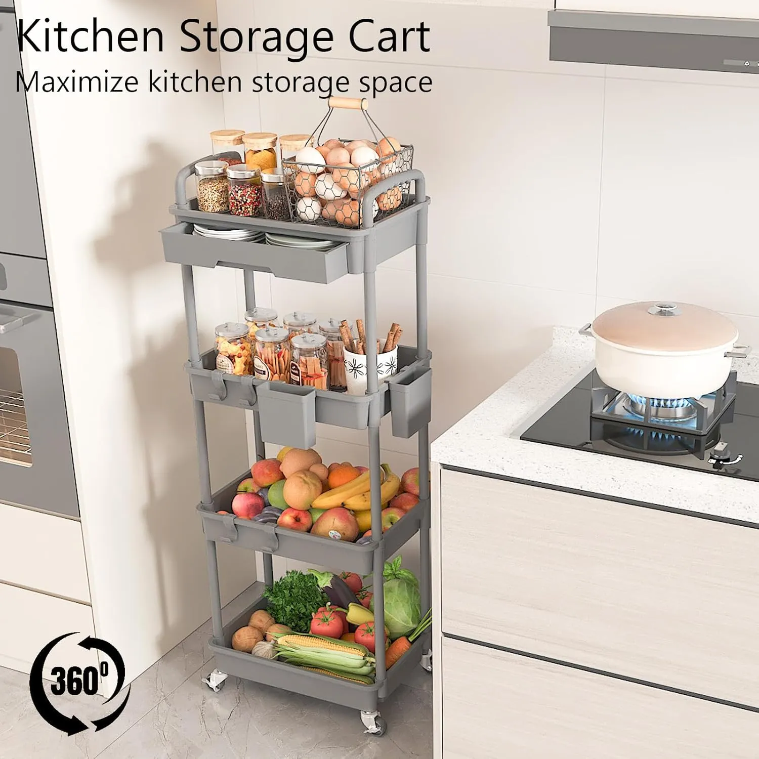4 Tier Rolling Utility Cart with Drawer, Plastic Storage Organizer Rolling Carts with Wheels Handles Hanging Cups Hooks for Office, Bathroom, Kitchen,Craft Art Room (Grey)