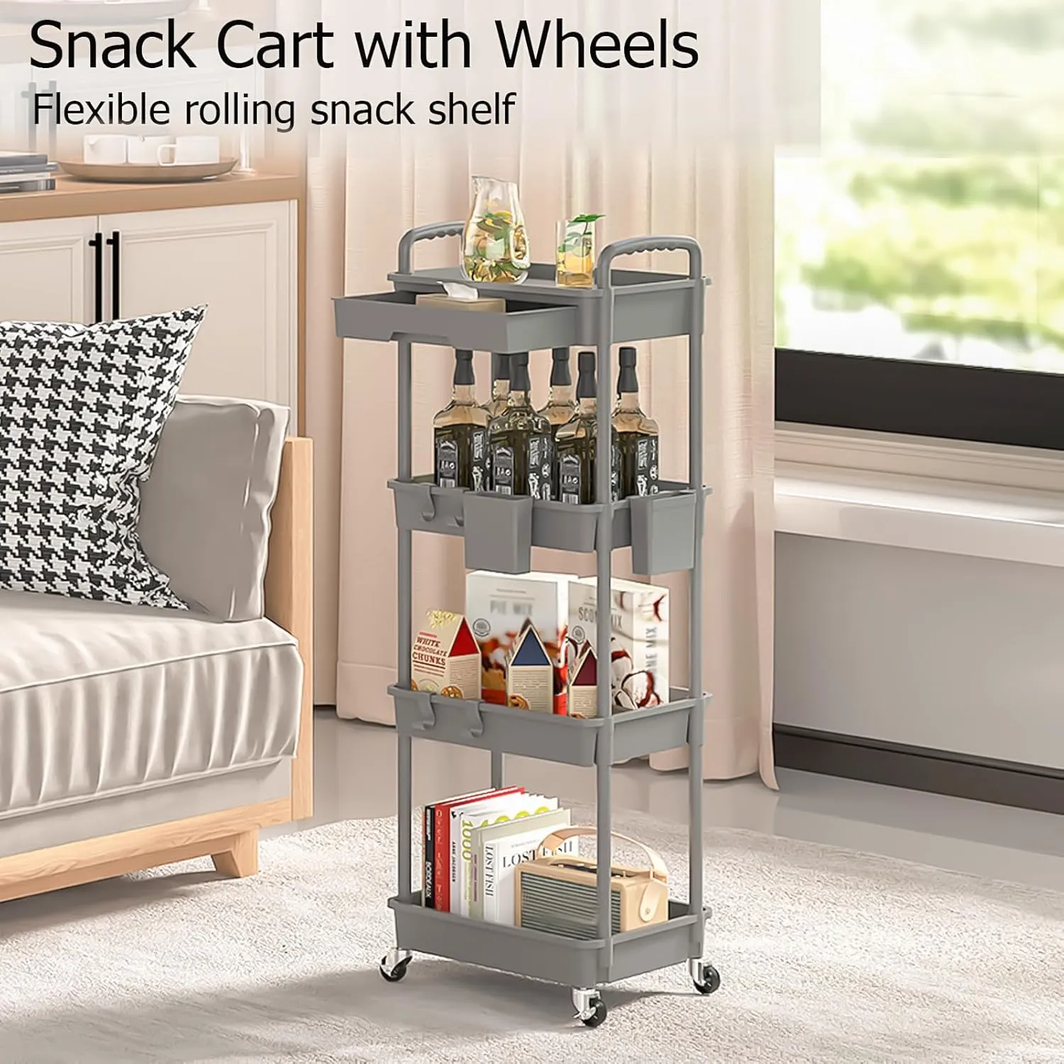 4 Tier Rolling Utility Cart with Drawer, Plastic Storage Organizer Rolling Carts with Wheels Handles Hanging Cups Hooks for Office, Bathroom, Kitchen,Craft Art Room (Grey)