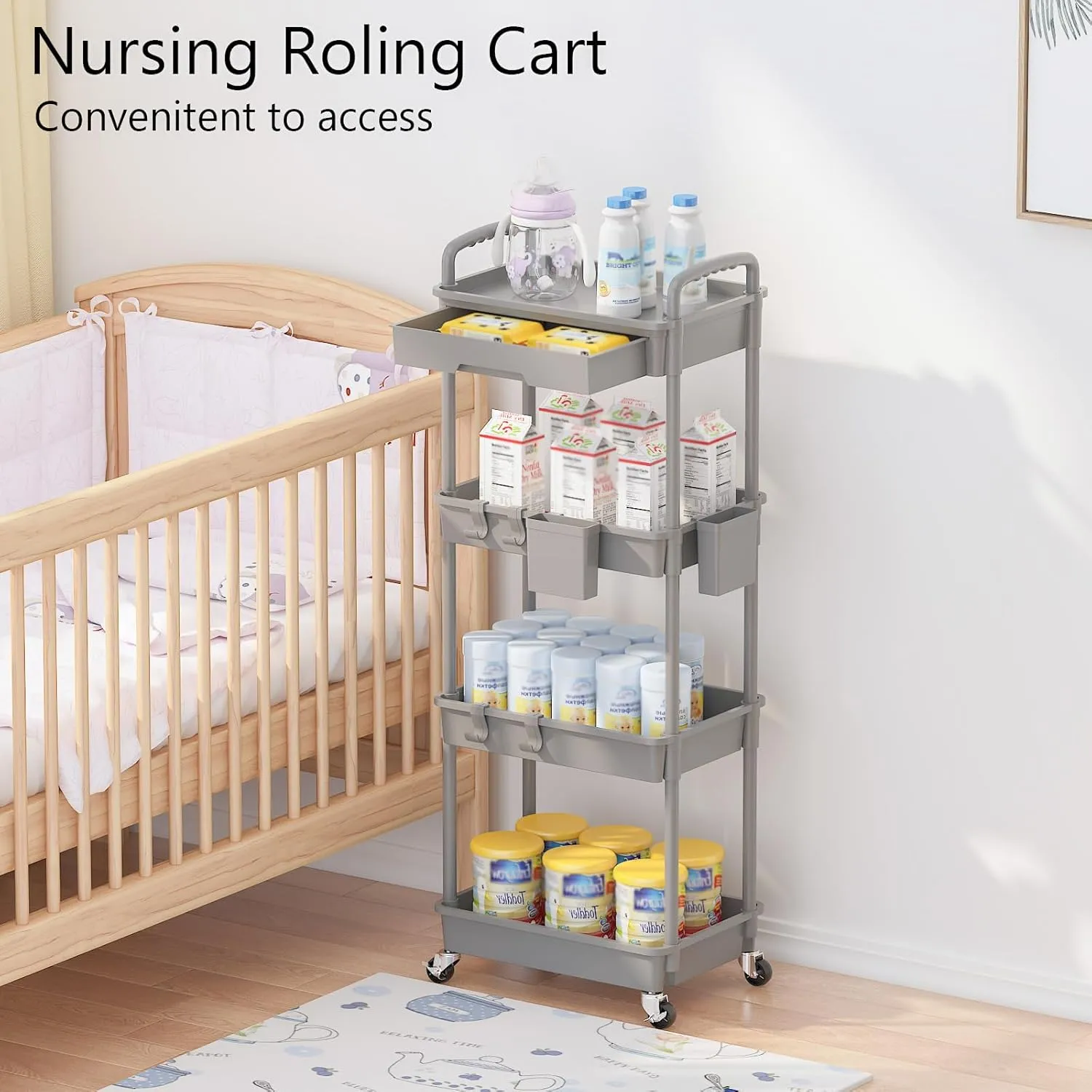 4 Tier Rolling Utility Cart with Drawer, Plastic Storage Organizer Rolling Carts with Wheels Handles Hanging Cups Hooks for Office, Bathroom, Kitchen,Craft Art Room (Grey)