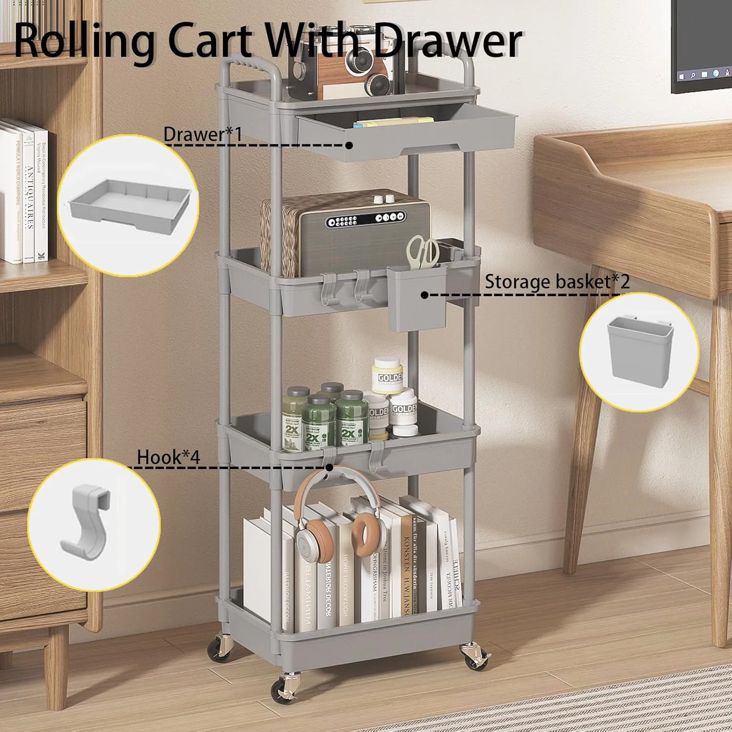 4 Tier Rolling Utility Cart with Drawer, Plastic Storage Organizer Rolling Carts with Wheels Handles Hanging Cups Hooks for Office, Bathroom, Kitchen,Craft Art Room (Grey)