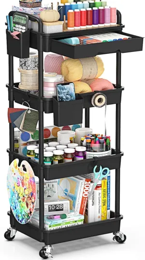 4 Tier Rolling Utility Cart with Drawer, Utility Storage Organizer with Plastic Shelf & Lockable Wheels Multifunctional Storage Cart for Kitchen, Bathroom, Office, Living Room, Black