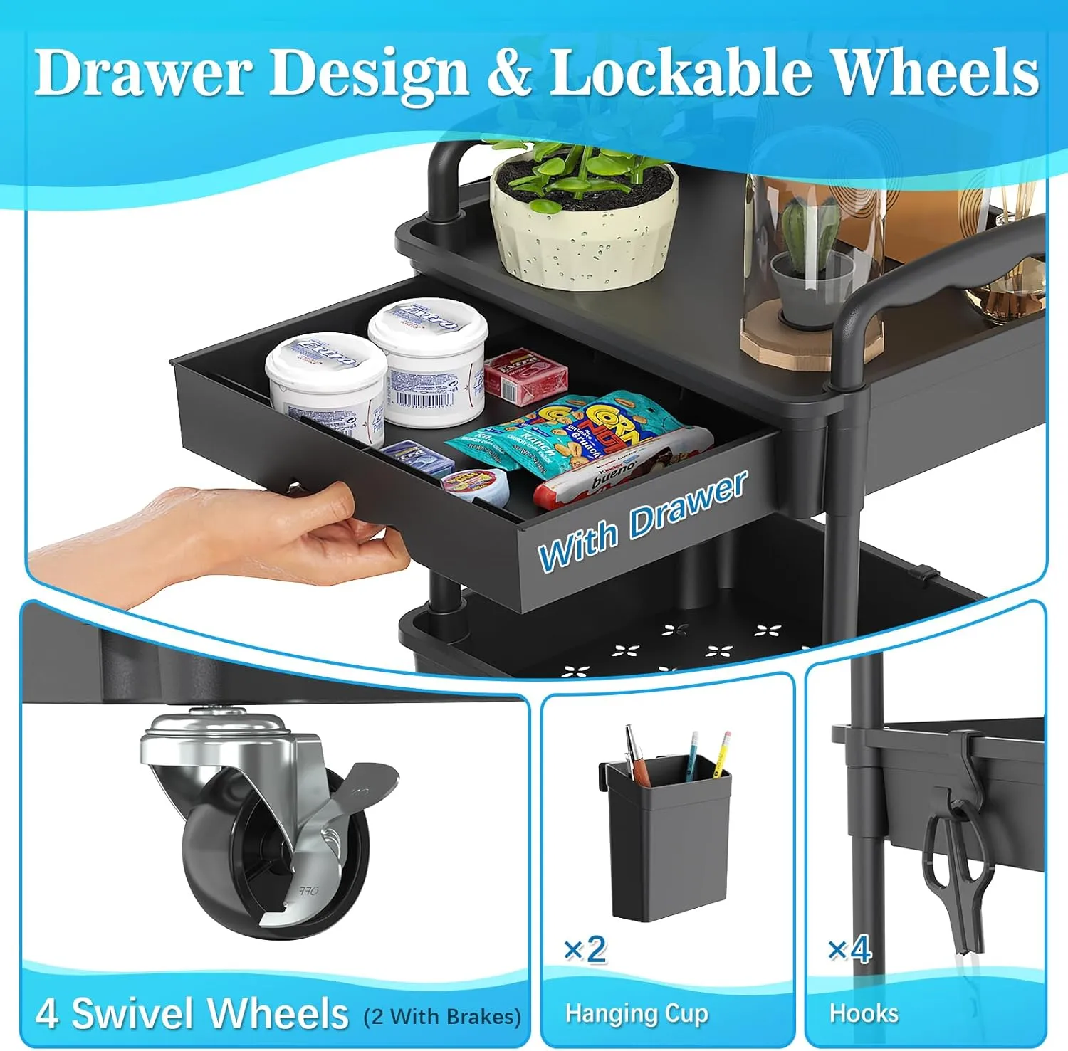 4 Tier Rolling Utility Cart with Drawer, Utility Storage Organizer with Plastic Shelf & Lockable Wheels Multifunctional Storage Cart for Kitchen, Bathroom, Office, Living Room, Black