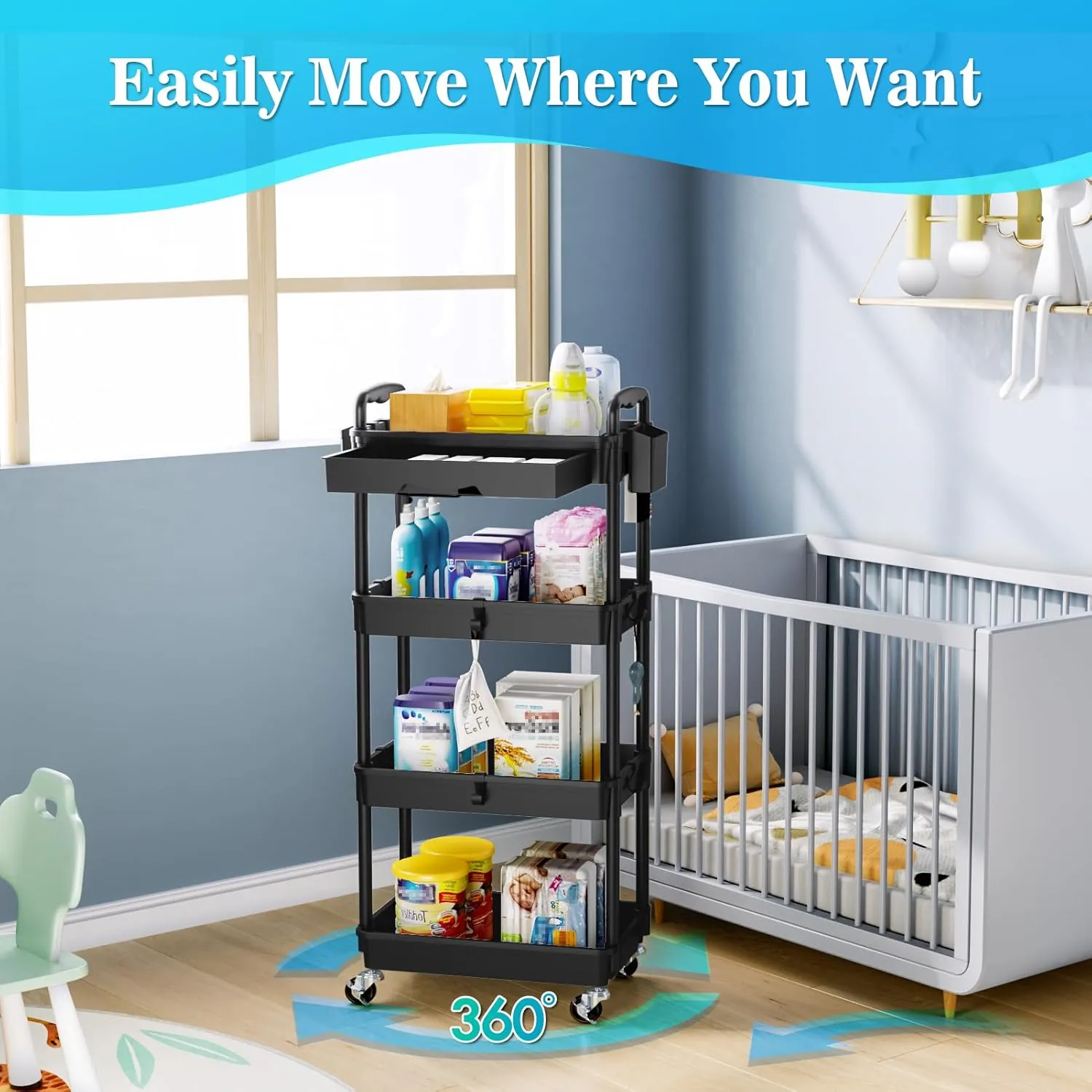 4 Tier Rolling Utility Cart with Drawer, Utility Storage Organizer with Plastic Shelf & Lockable Wheels Multifunctional Storage Cart for Kitchen, Bathroom, Office, Living Room, Black