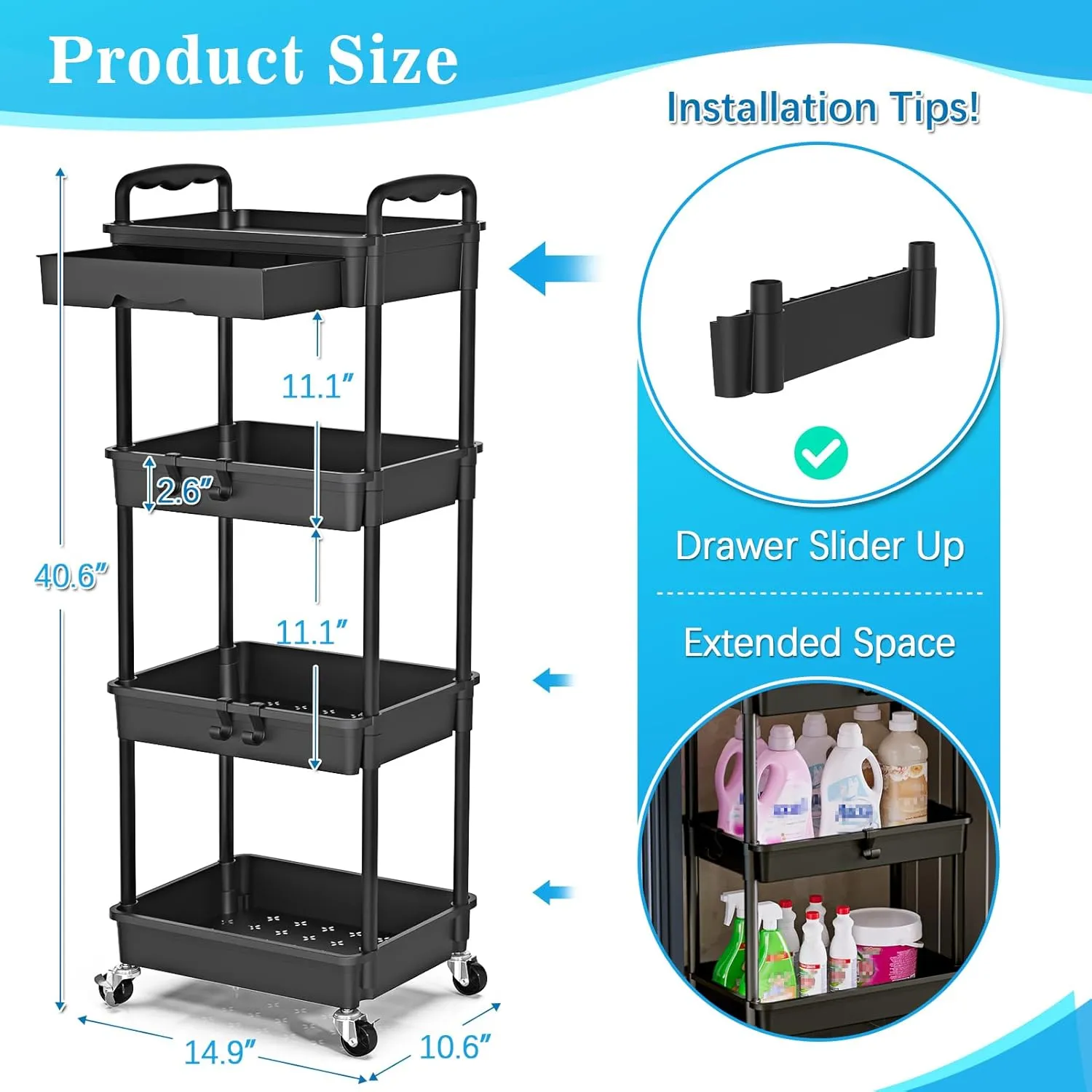 4 Tier Rolling Utility Cart with Drawer, Utility Storage Organizer with Plastic Shelf & Lockable Wheels Multifunctional Storage Cart for Kitchen, Bathroom, Office, Living Room, Black