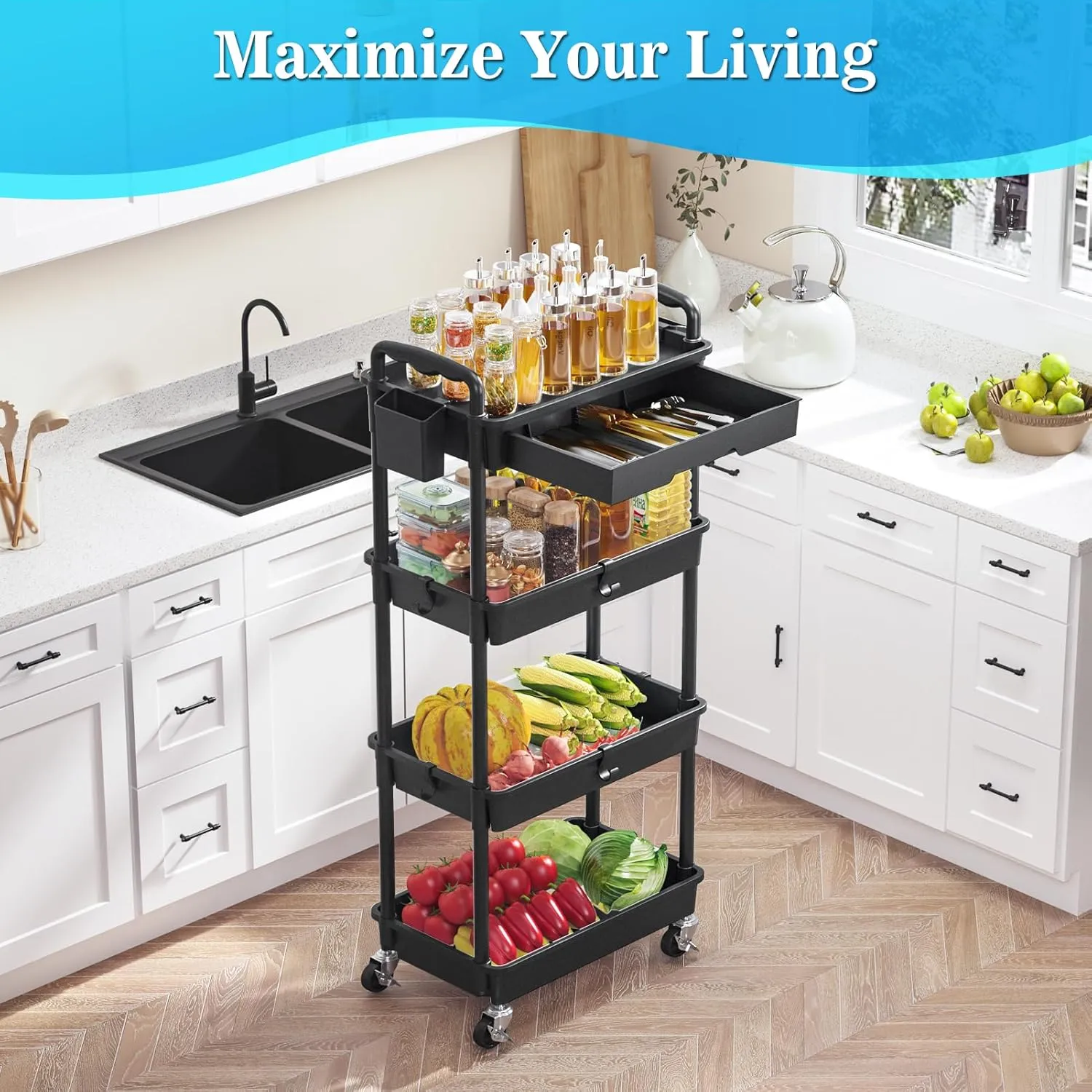 4 Tier Rolling Utility Cart with Drawer, Utility Storage Organizer with Plastic Shelf & Lockable Wheels Multifunctional Storage Cart for Kitchen, Bathroom, Office, Living Room, Black