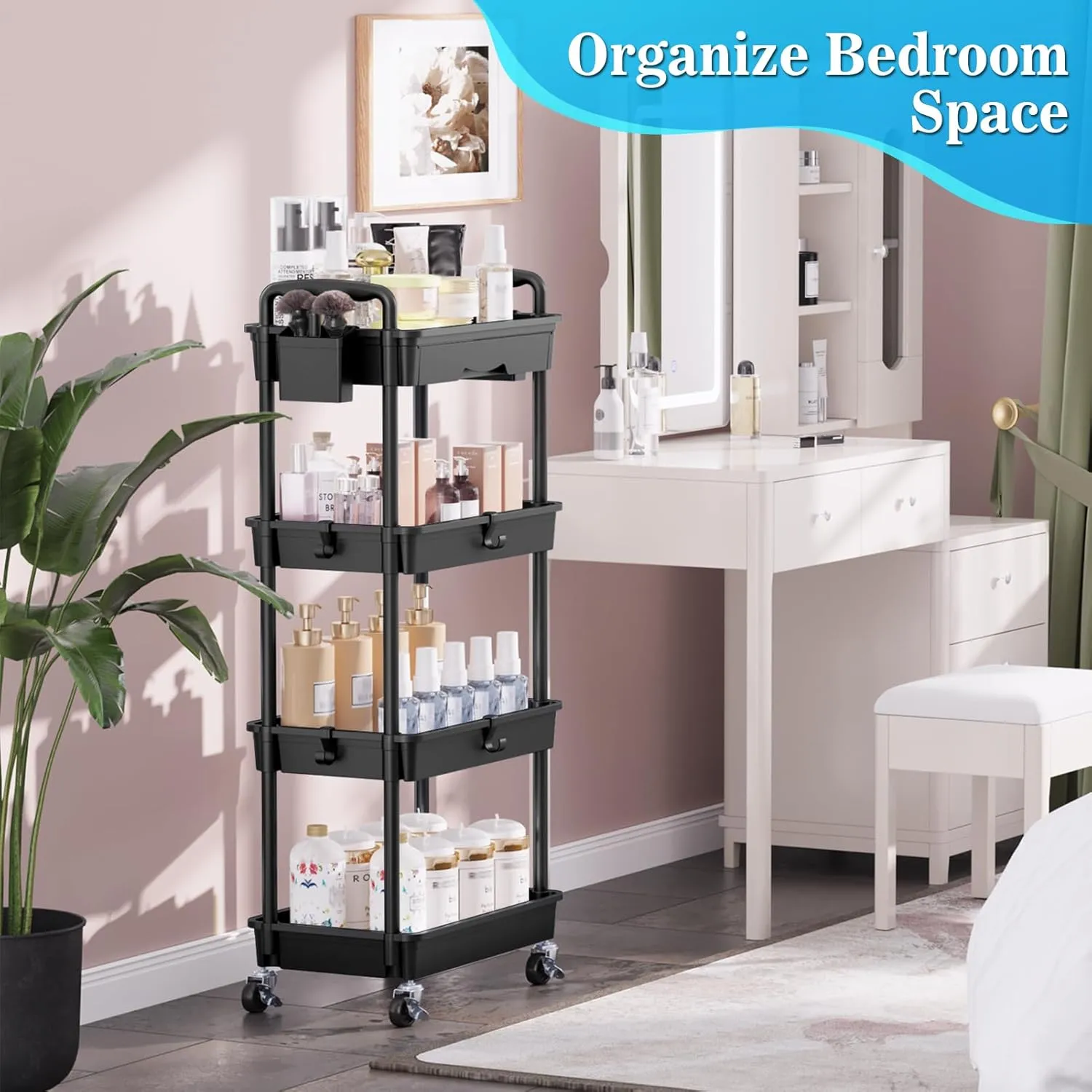 4 Tier Rolling Utility Cart with Drawer, Utility Storage Organizer with Plastic Shelf & Lockable Wheels Multifunctional Storage Cart for Kitchen, Bathroom, Office, Living Room, Black