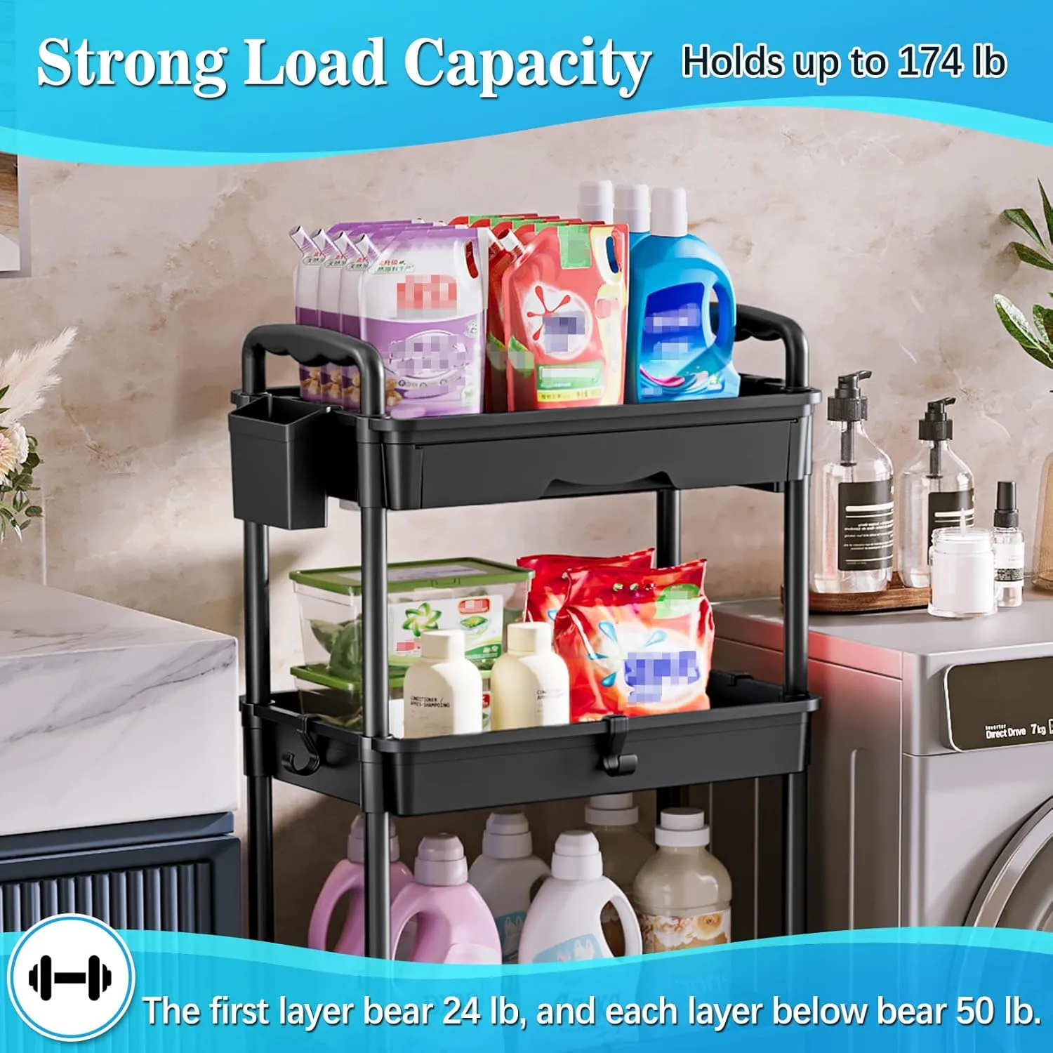4 Tier Rolling Utility Cart with Drawer, Utility Storage Organizer with Plastic Shelf & Lockable Wheels Multifunctional Storage Cart for Kitchen, Bathroom, Office, Living Room, Black