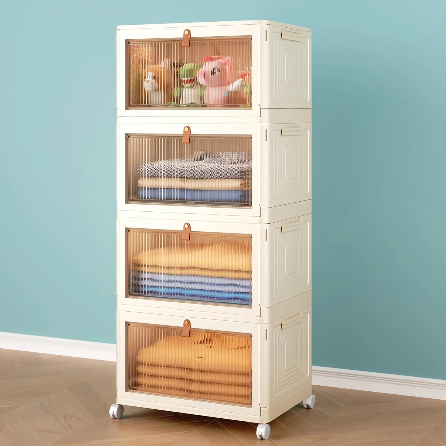 4 Tier Stackable Plastic Storage Bins with Lid and Wheels - 23 QT Closet Organizers and Storage, Foldable Storage Containers, Organization and Storage Boxes for Craft, Home, Pantry, Dorm,Yellow