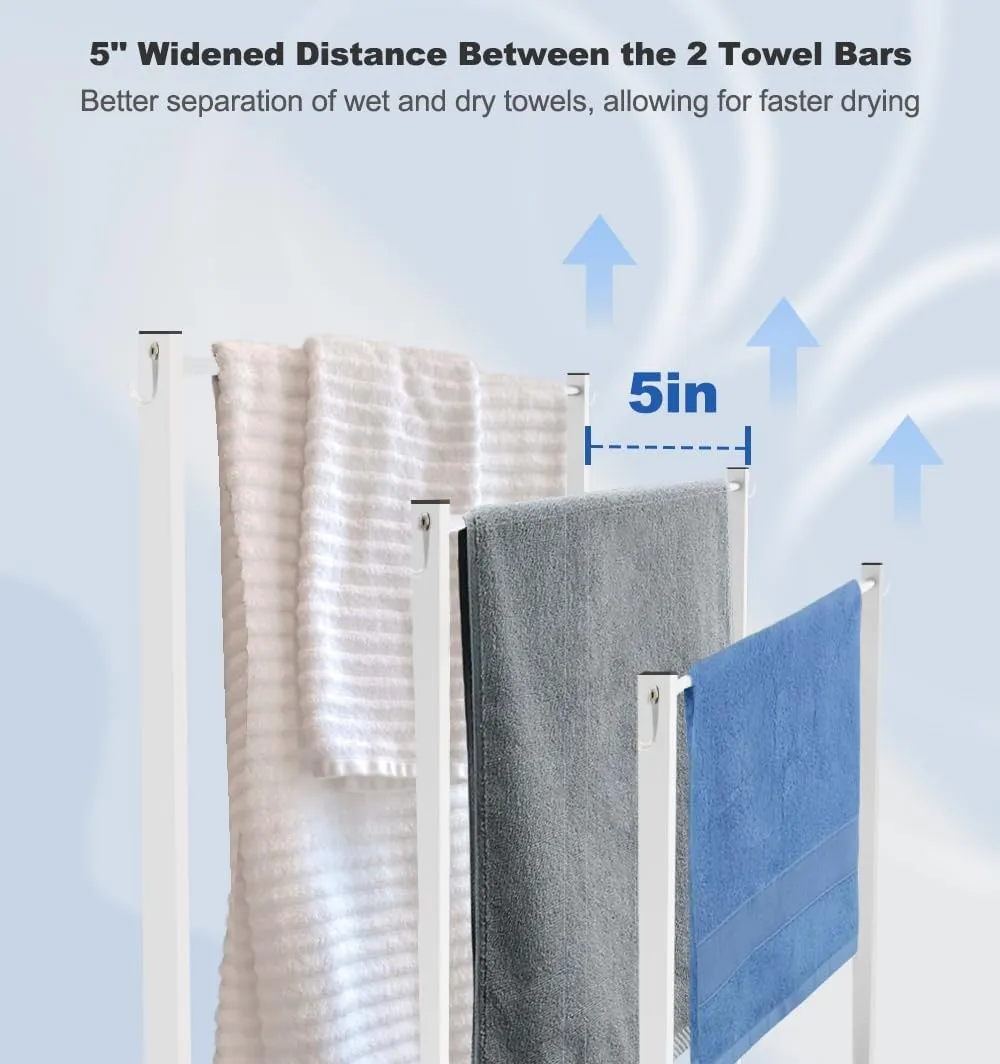 44 Inch Tall Free Standing Towel Rack with Metal Storage Shelf & 6 Hooks for Bathroom, 3 Tiers Heavy Duty Blanket Drying Stand Holder for Outdoor Pool, Bedroom, Living Room, White