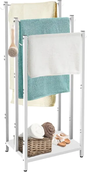 44 Inch Tall Free Standing Towel Rack with Metal Storage Shelf & 6 Hooks for Bathroom, 3 Tiers Heavy Duty Blanket Drying Stand Holder for Outdoor Pool, Bedroom, Living Room, White