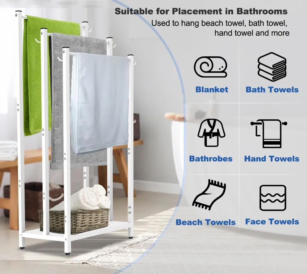 44 Inch Tall Free Standing Towel Rack with Metal Storage Shelf & 6 Hooks for Bathroom, 3 Tiers Heavy Duty Blanket Drying Stand Holder for Outdoor Pool, Bedroom, Living Room, White