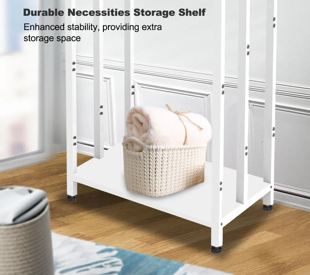 44 Inch Tall Free Standing Towel Rack with Metal Storage Shelf & 6 Hooks for Bathroom, 3 Tiers Heavy Duty Blanket Drying Stand Holder for Outdoor Pool, Bedroom, Living Room, White