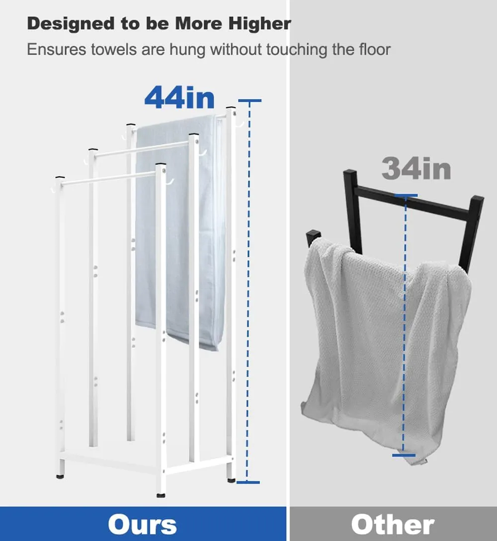 44 Inch Tall Free Standing Towel Rack with Metal Storage Shelf & 6 Hooks for Bathroom, 3 Tiers Heavy Duty Blanket Drying Stand Holder for Outdoor Pool, Bedroom, Living Room, White