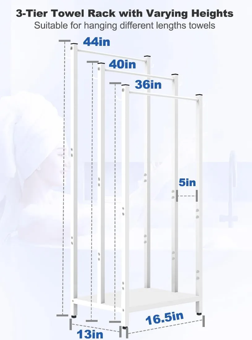 44 Inch Tall Free Standing Towel Rack with Metal Storage Shelf & 6 Hooks for Bathroom, 3 Tiers Heavy Duty Blanket Drying Stand Holder for Outdoor Pool, Bedroom, Living Room, White