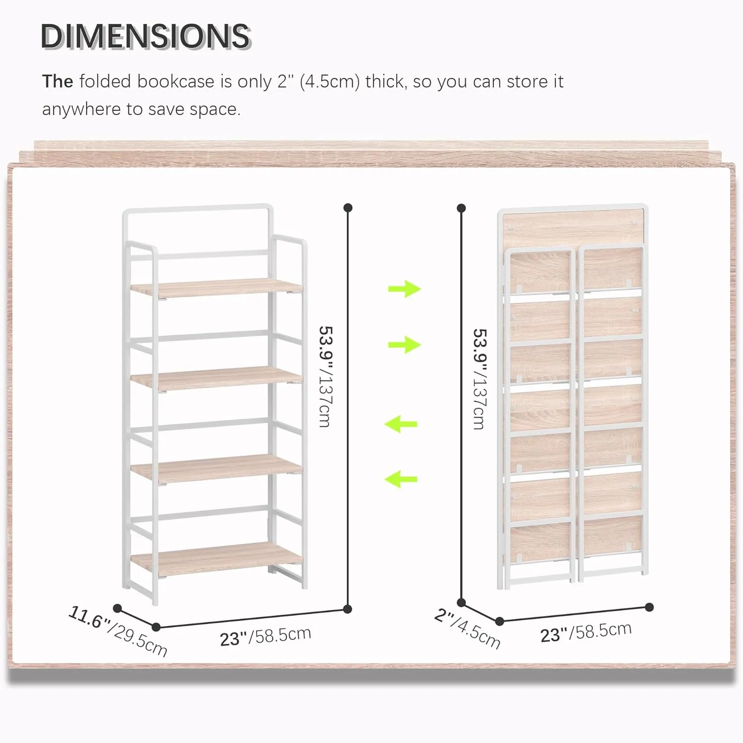 4NM No-Assembly 4 Tiers Folding Bookshelf Storage Shelves Vintage Bookcase Standing Racks Study Organizer Home Office (Natural and White)
