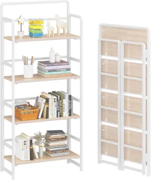 4NM No-Assembly 4 Tiers Folding Bookshelf Storage Shelves Vintage Bookcase Standing Racks Study Organizer Home Office (Natural and White)