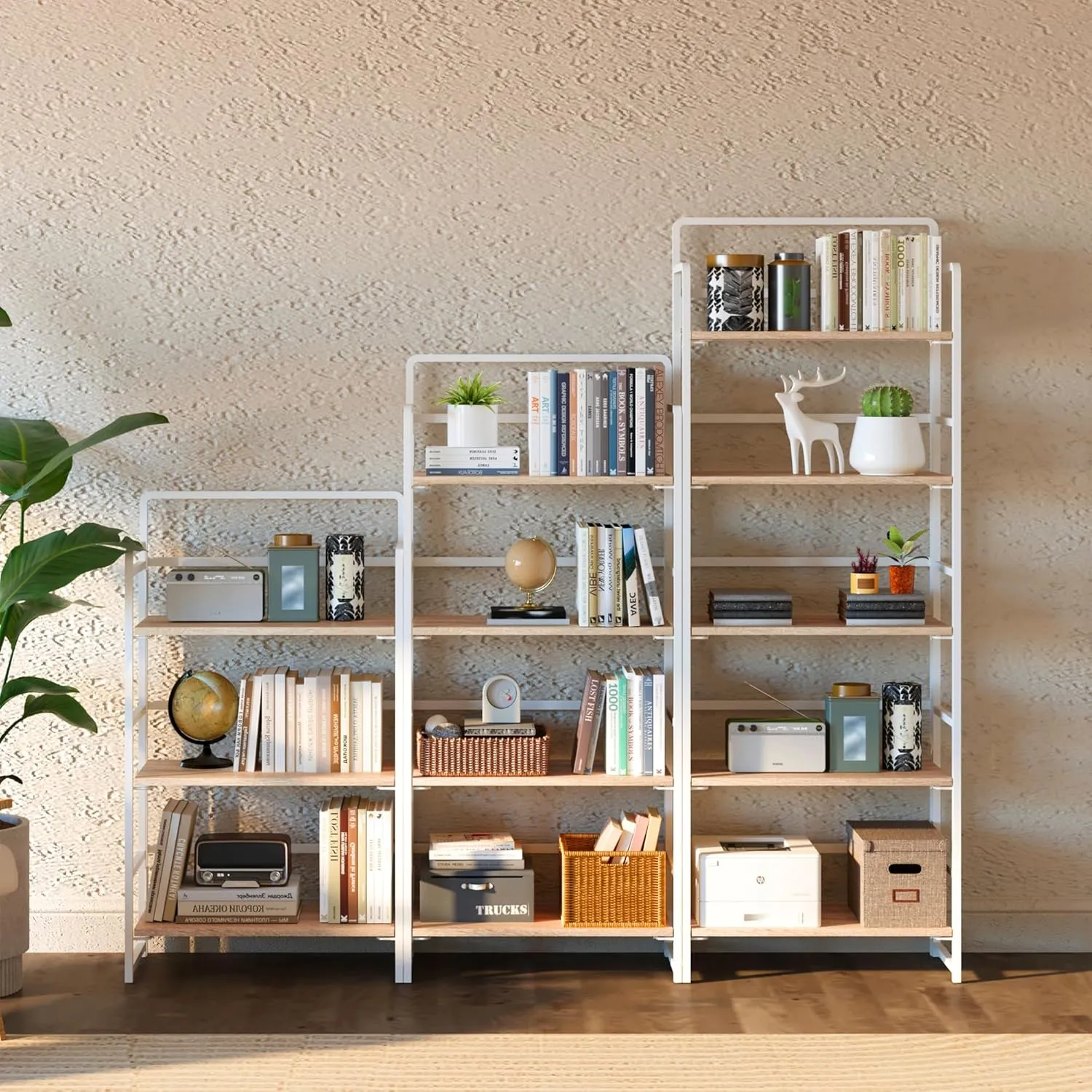 4NM No-Assembly 4 Tiers Folding Bookshelf Storage Shelves Vintage Bookcase Standing Racks Study Organizer Home Office (Natural and White)